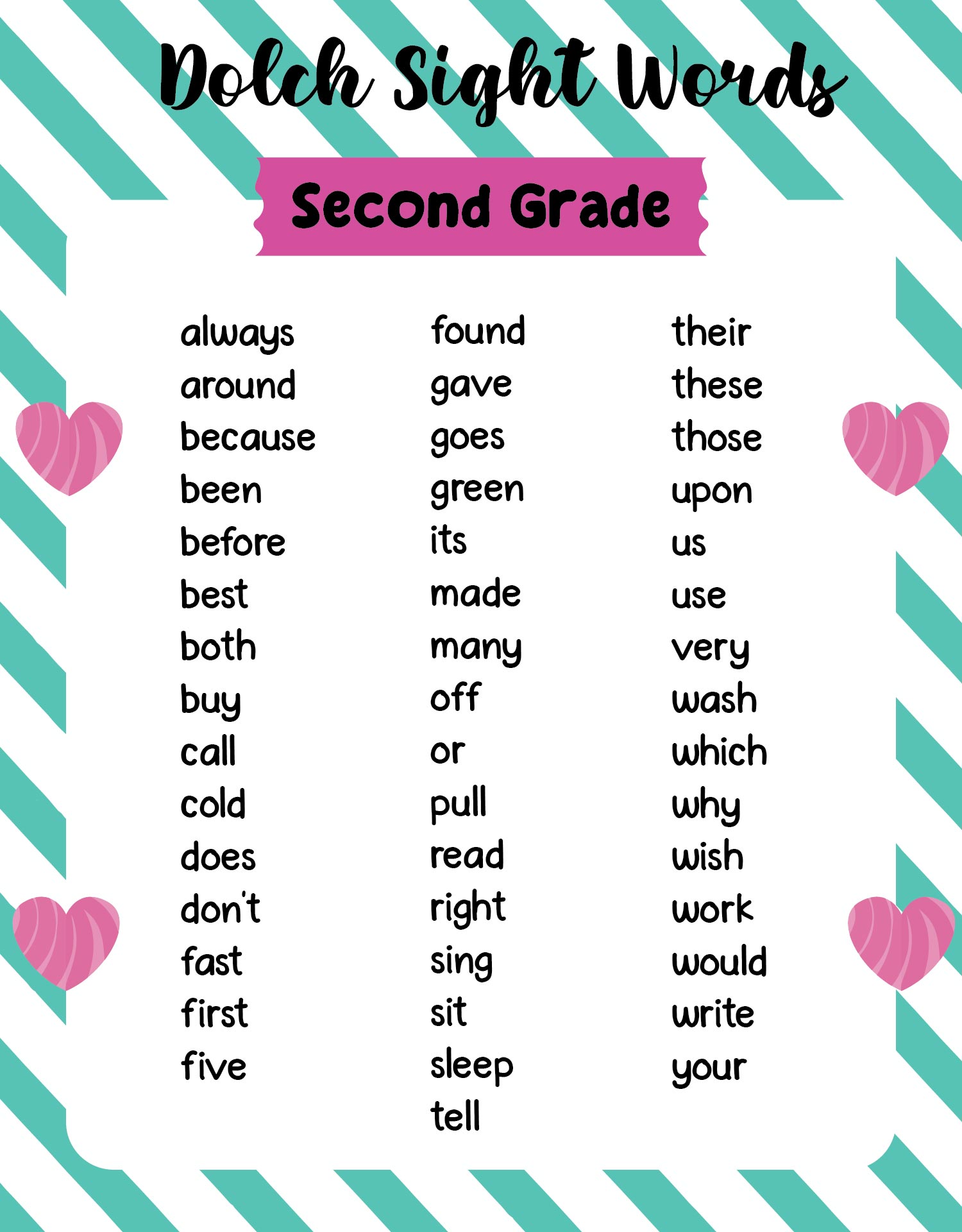 Nd Grade Sight Words Printable List