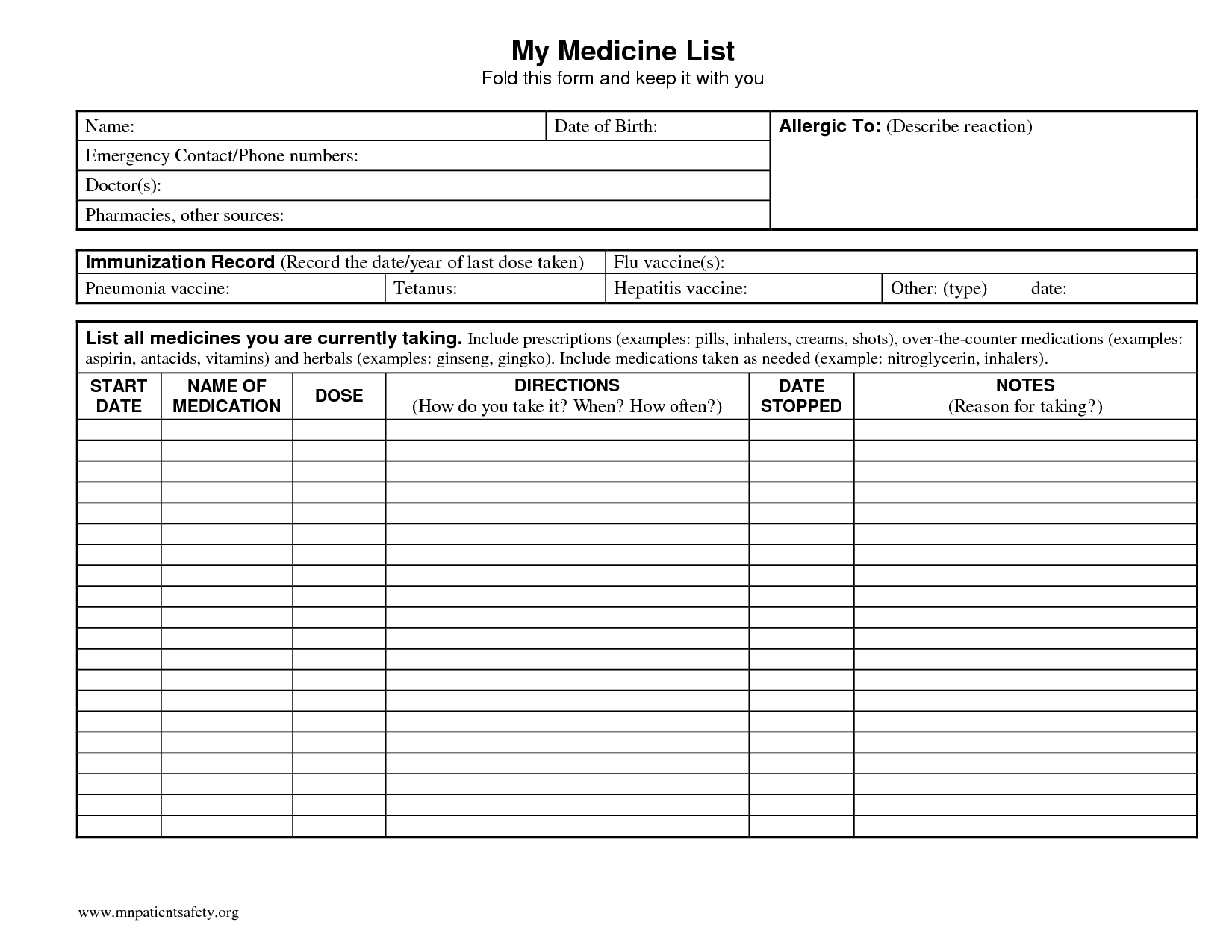 Free Printable Medication List Forms