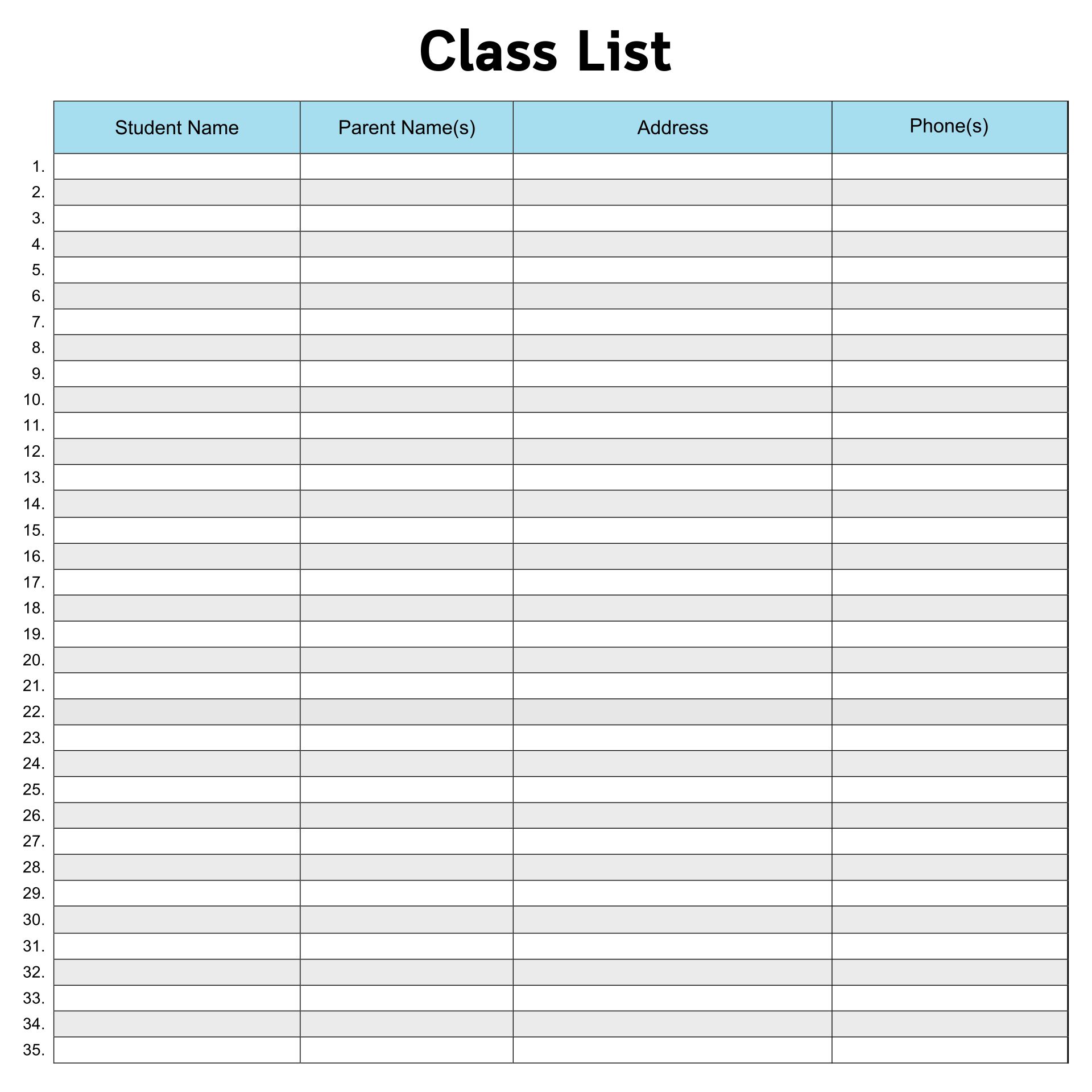 Free Printable Class List Template - Printable Templates