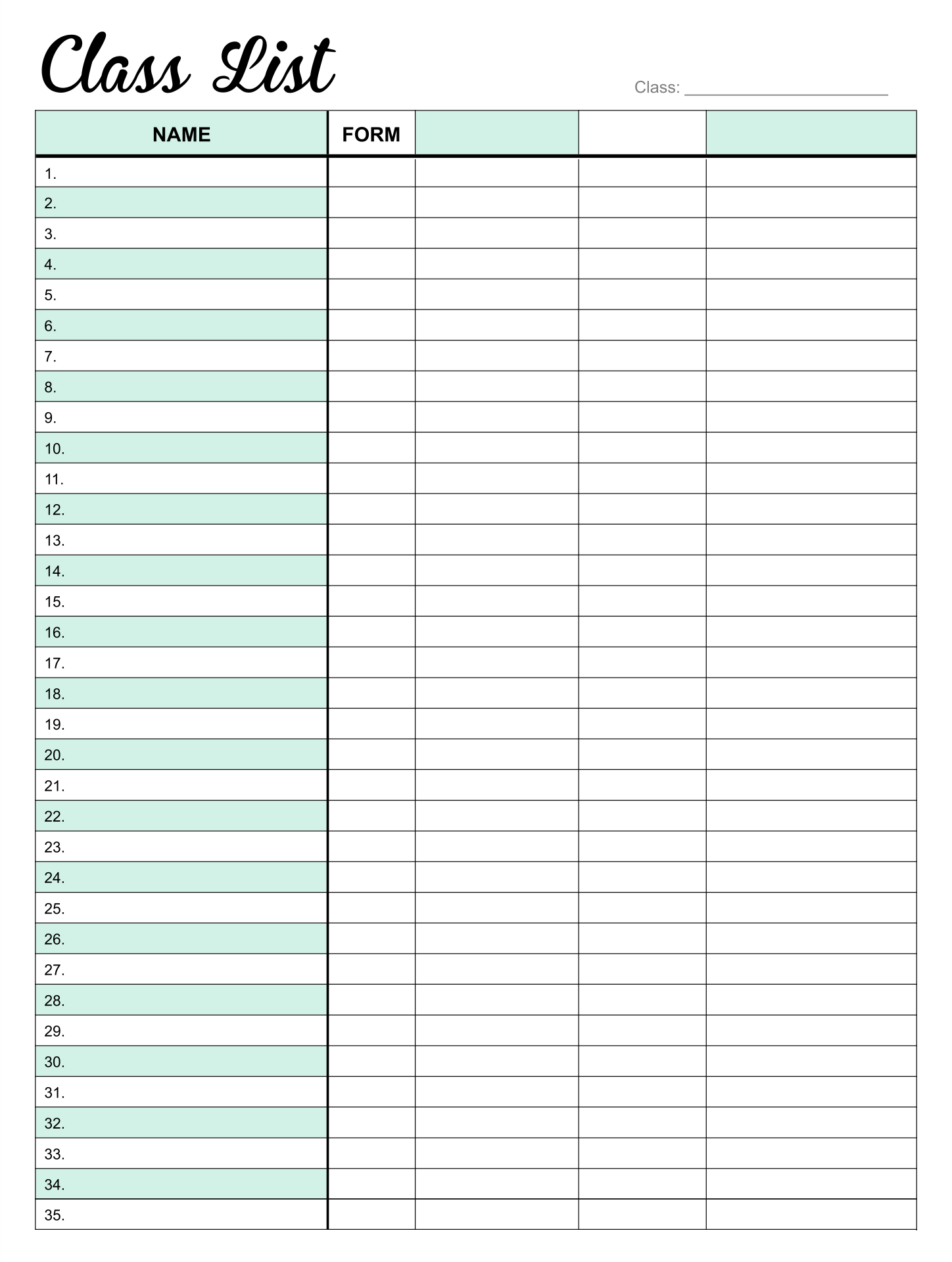 Printable Class Roster Form Printable Forms Free Online