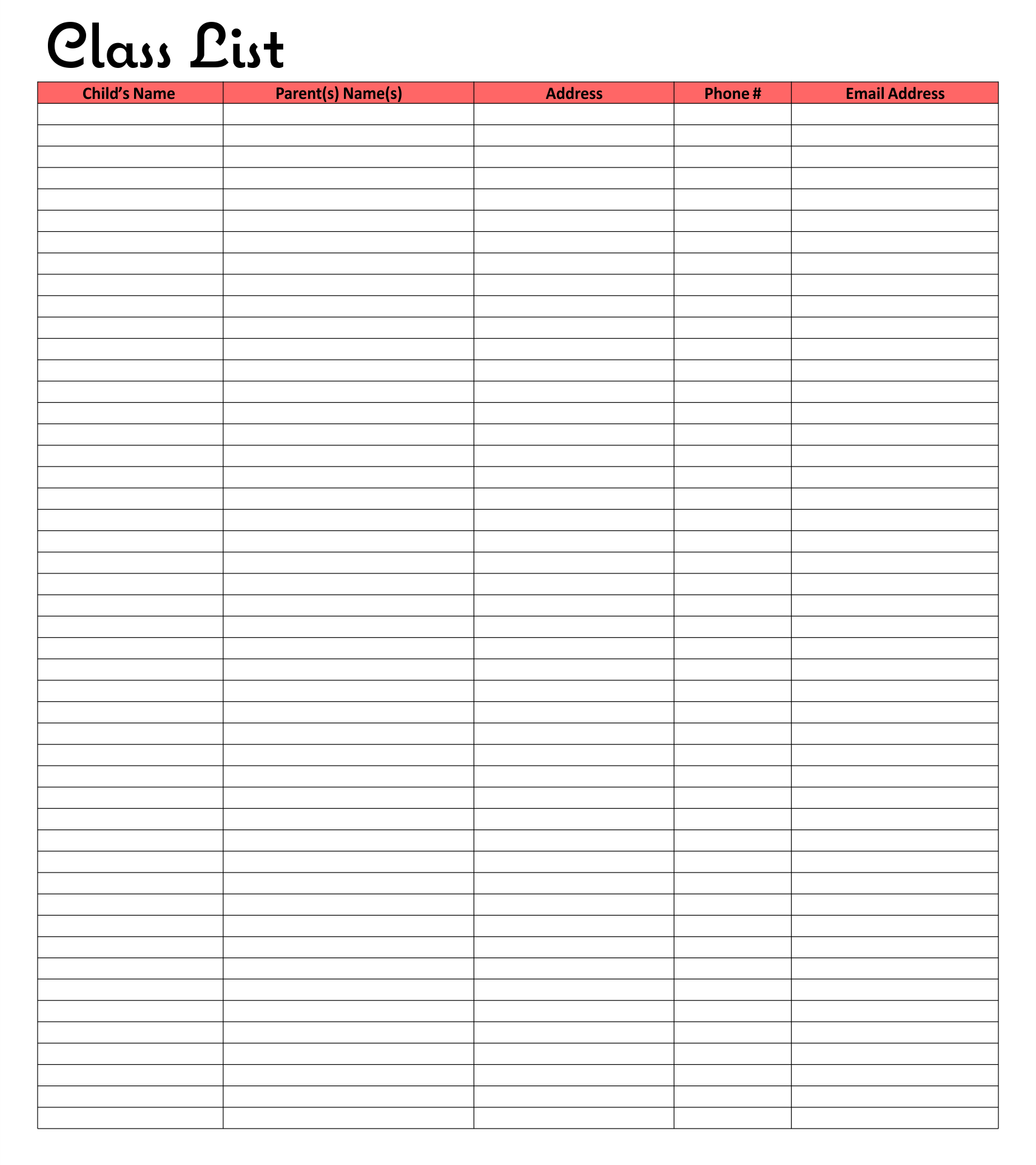 Free Printable Blank Class List Printable Templates