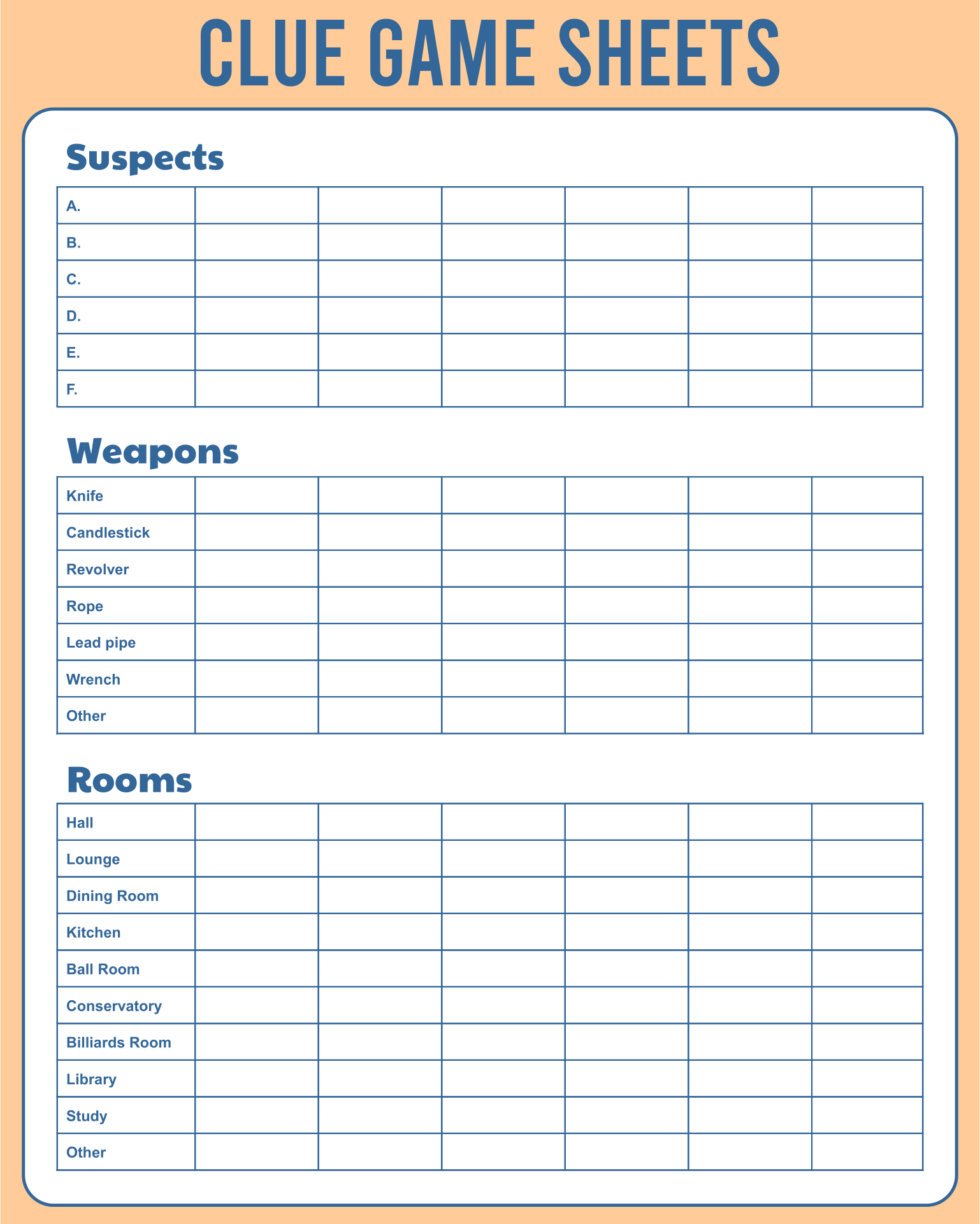 Clue Board Game Tracking Sheets