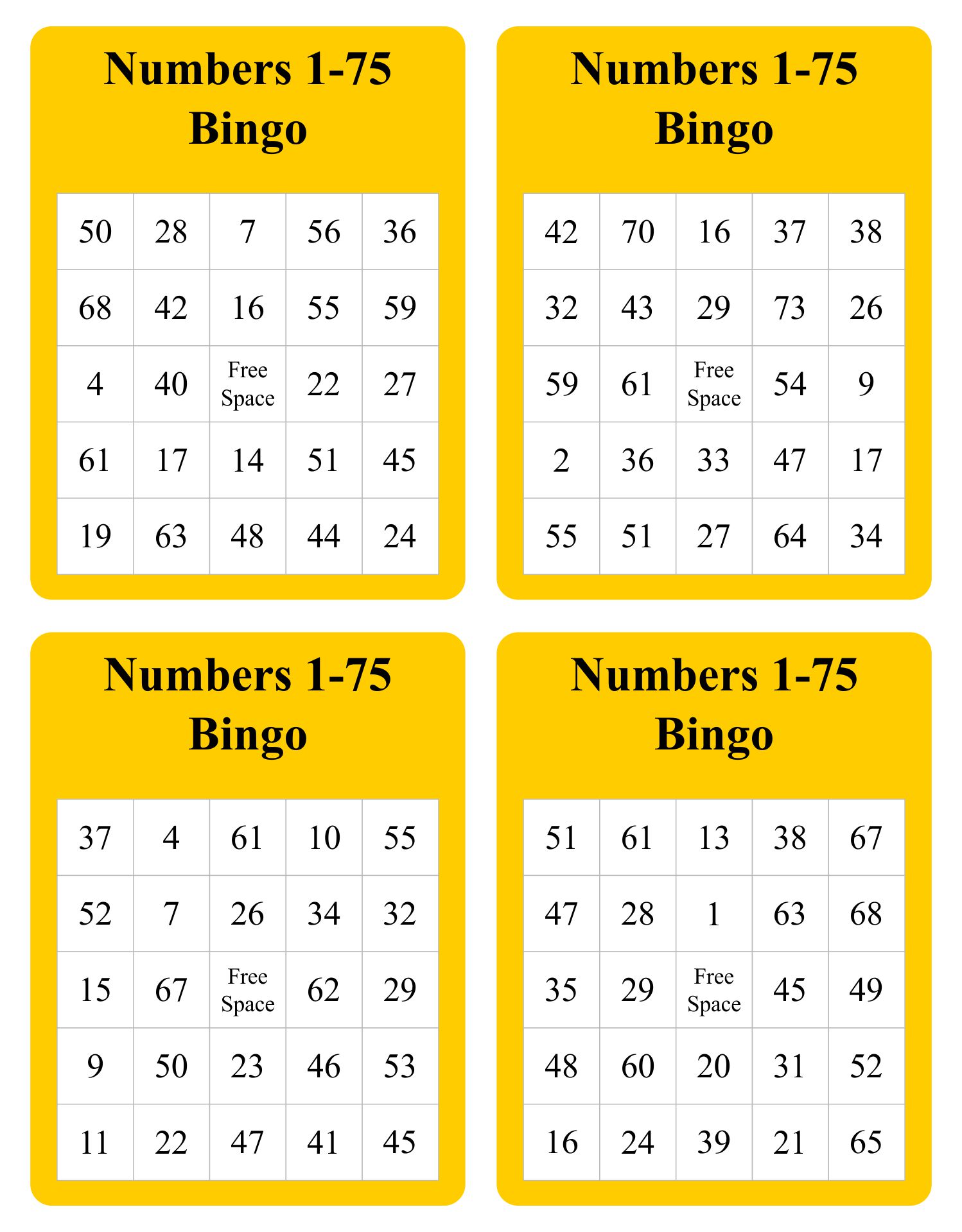 Free Printable Bingo Cards With Numbers 1-75