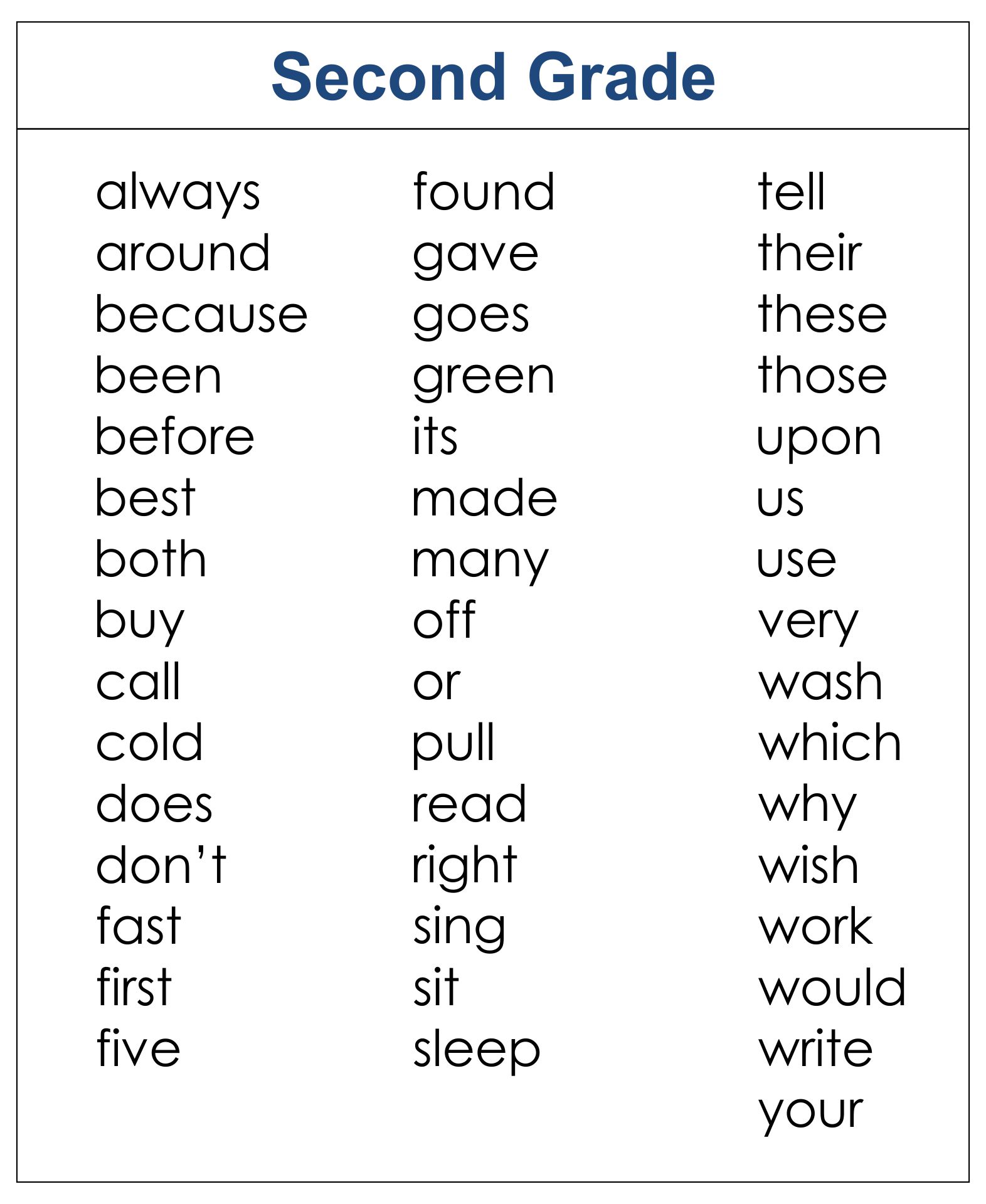 List Of Second Grade Sight Words