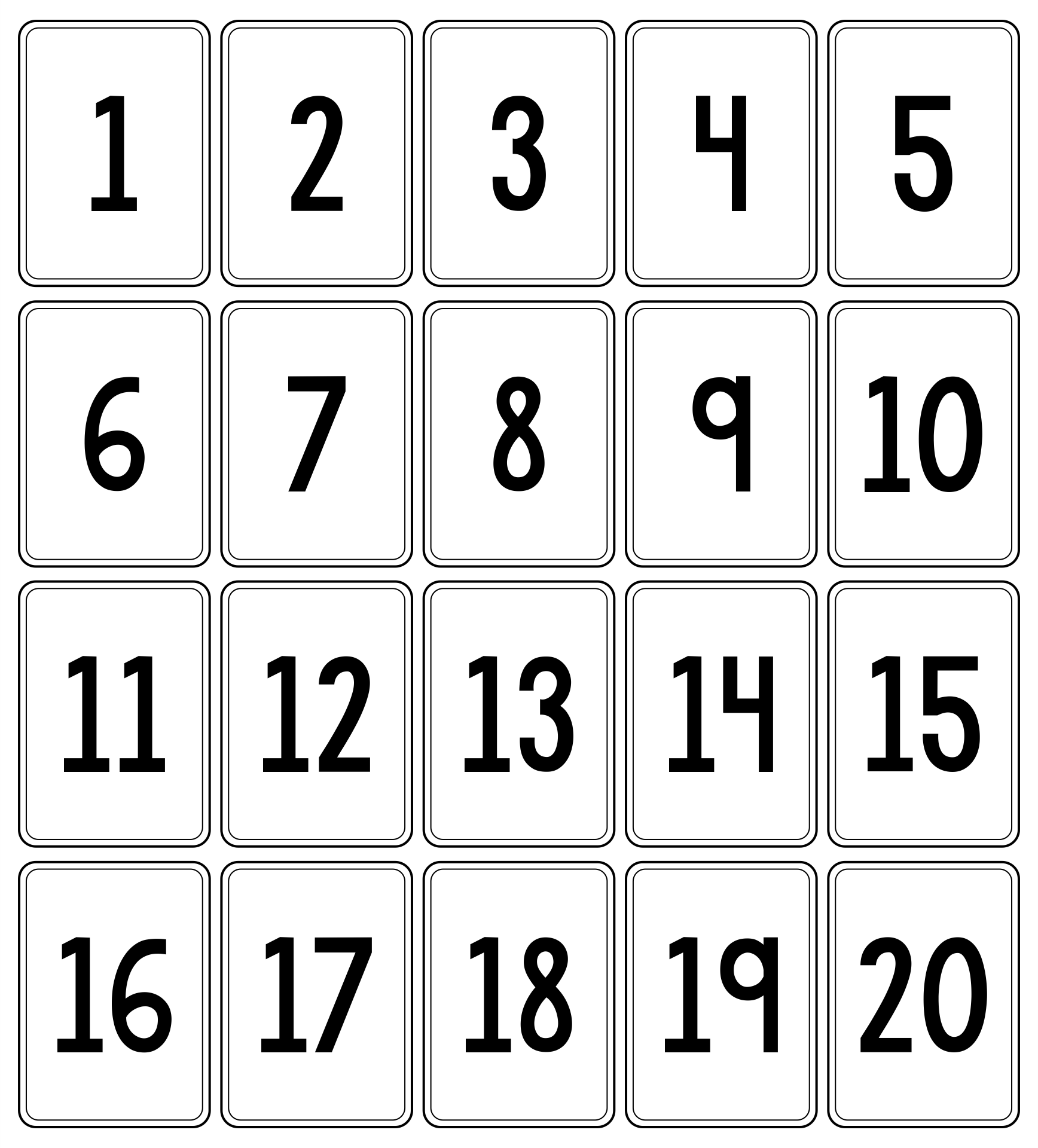Number Flashcards Printable 1-20 Black And White
