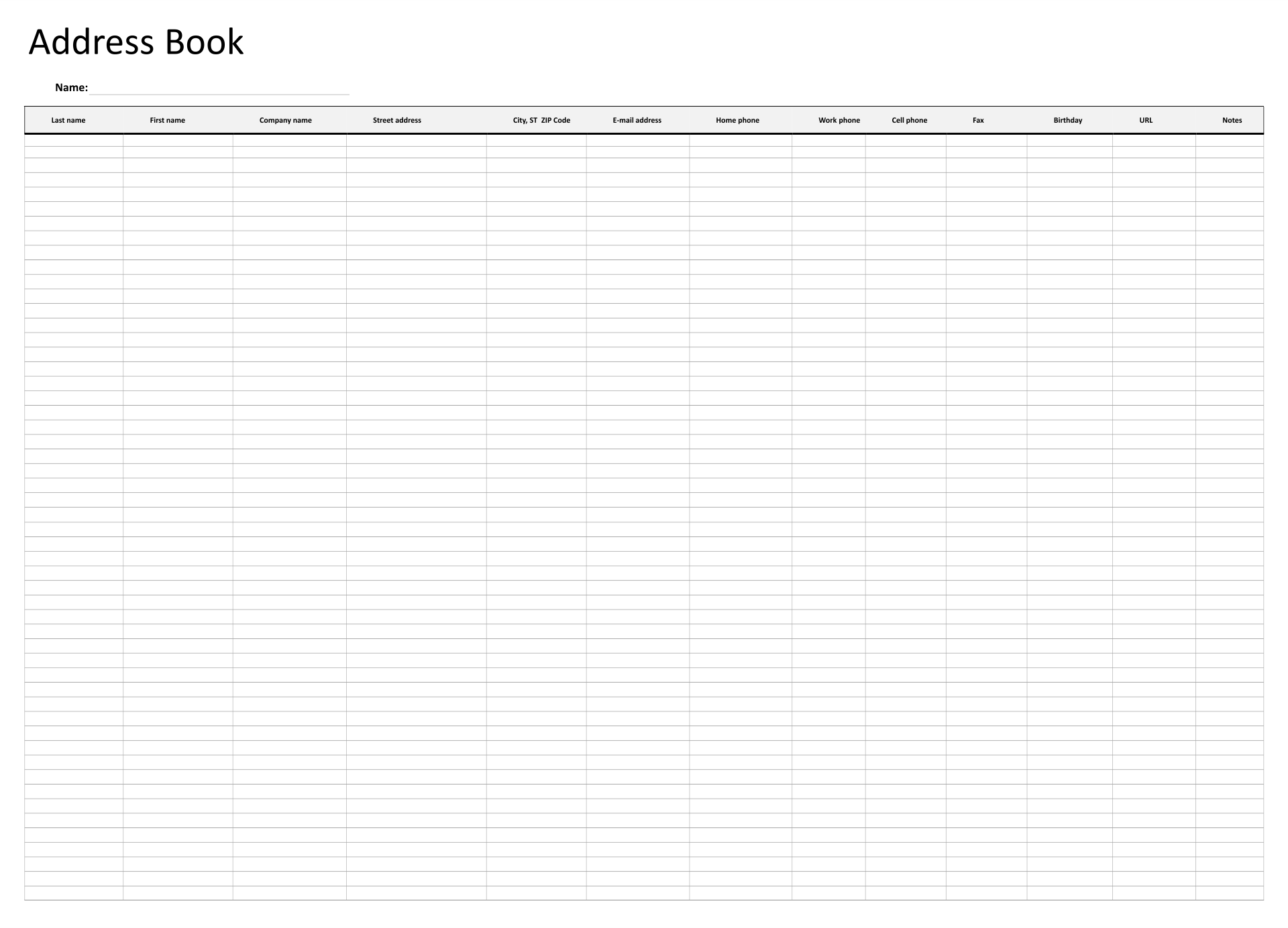 Address Book Template In Excel Printable