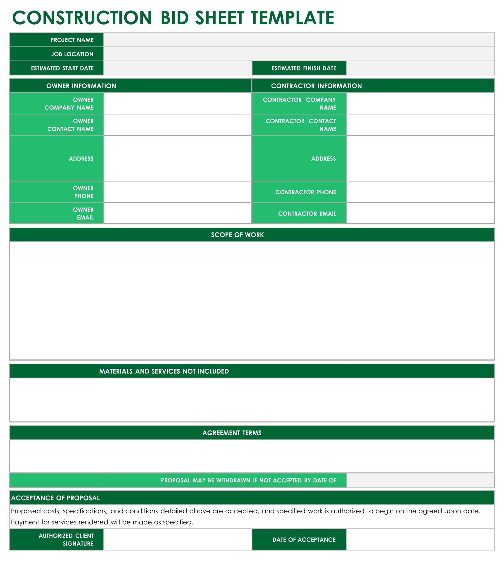 Bid Proposal Template For Construction