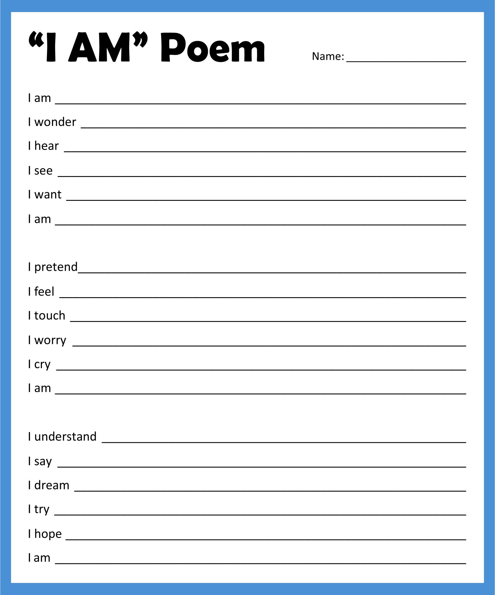 21 Best I AM Poem Printable - printablee.com Within I Am Poem Worksheet