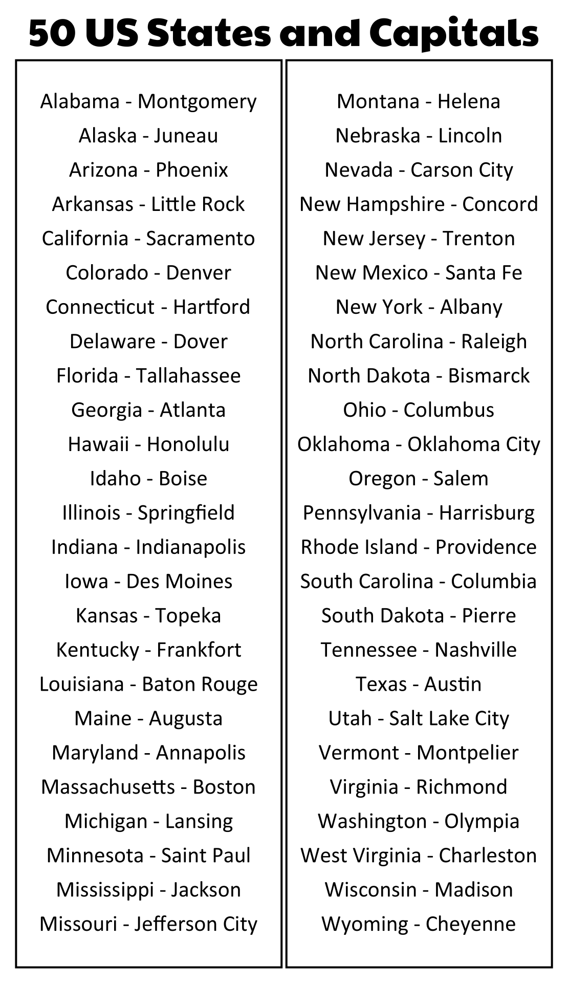 List Of Us State Capitals Printable