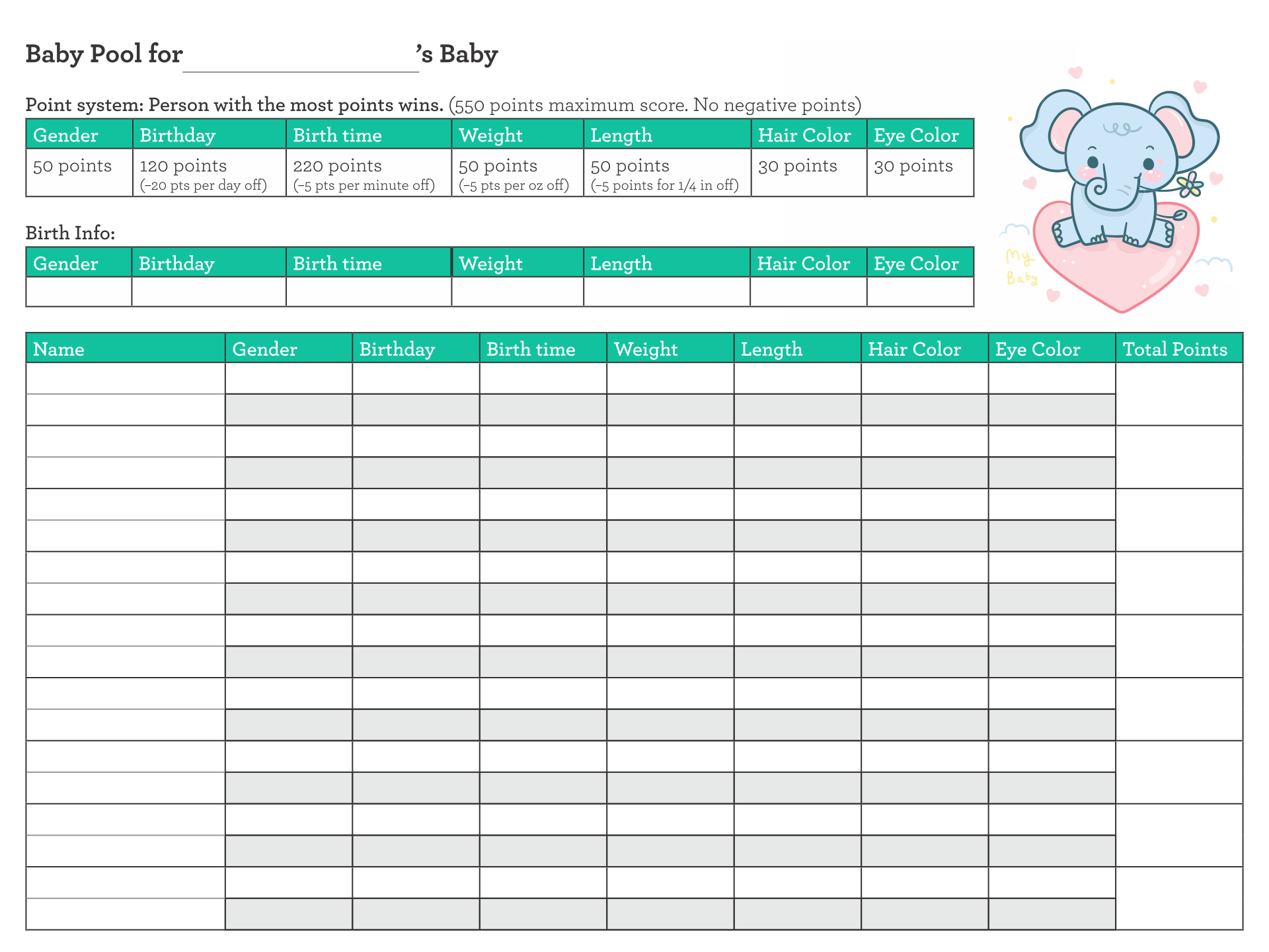 Printable Baby Pool Excel Spreadsheet