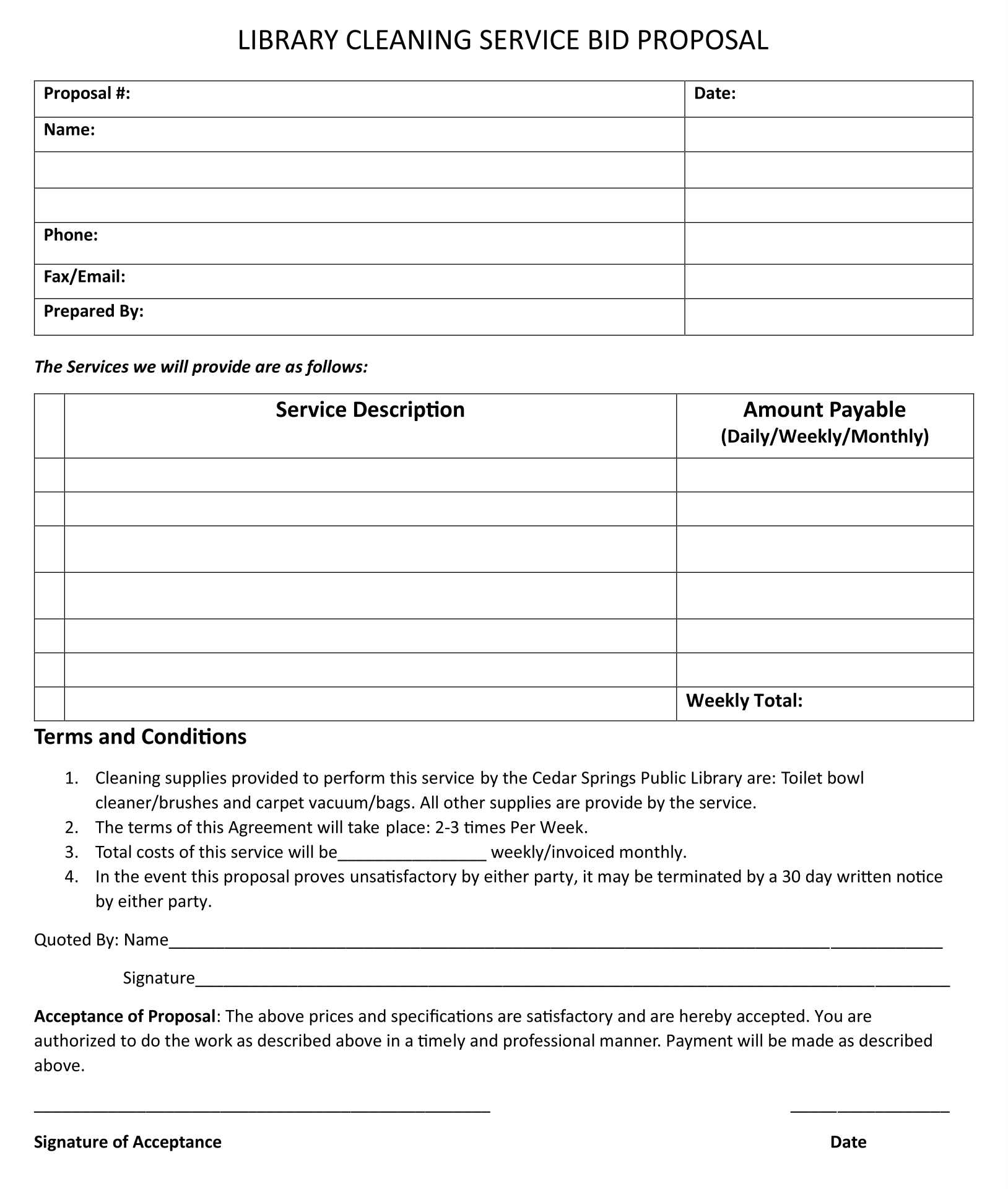 Printable Bid Proposal Template For Cleaning Services