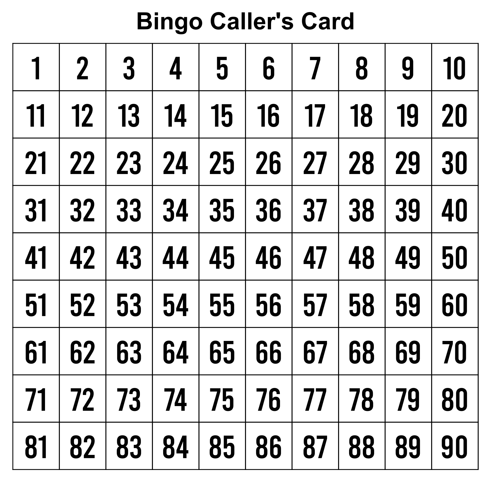 Printable Bingo Numbers Check Sheet
