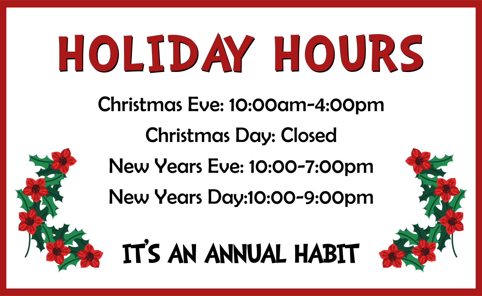 Printable Holiday Business Hours Sign Template
