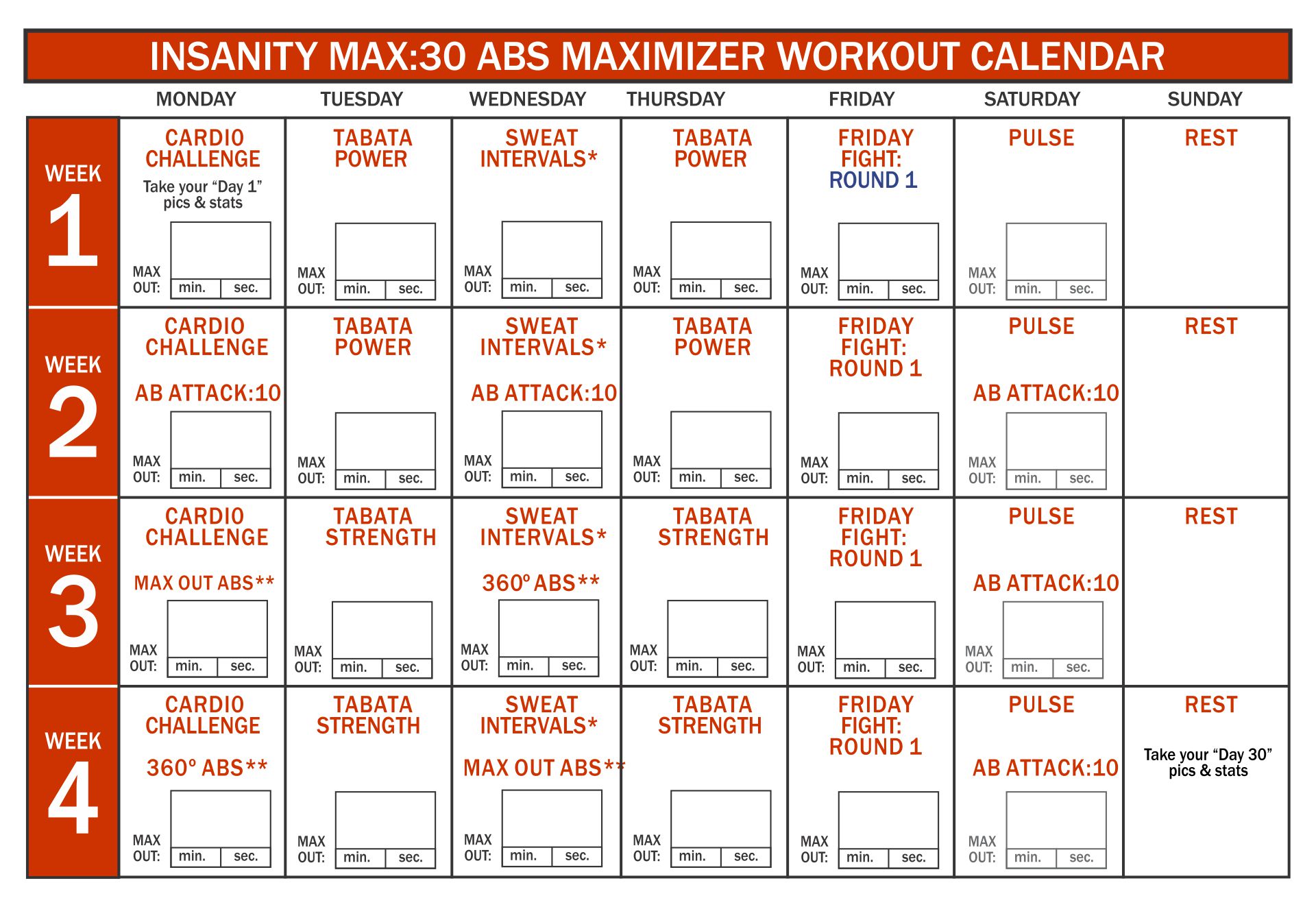 Printable Insanity Workout Schedule