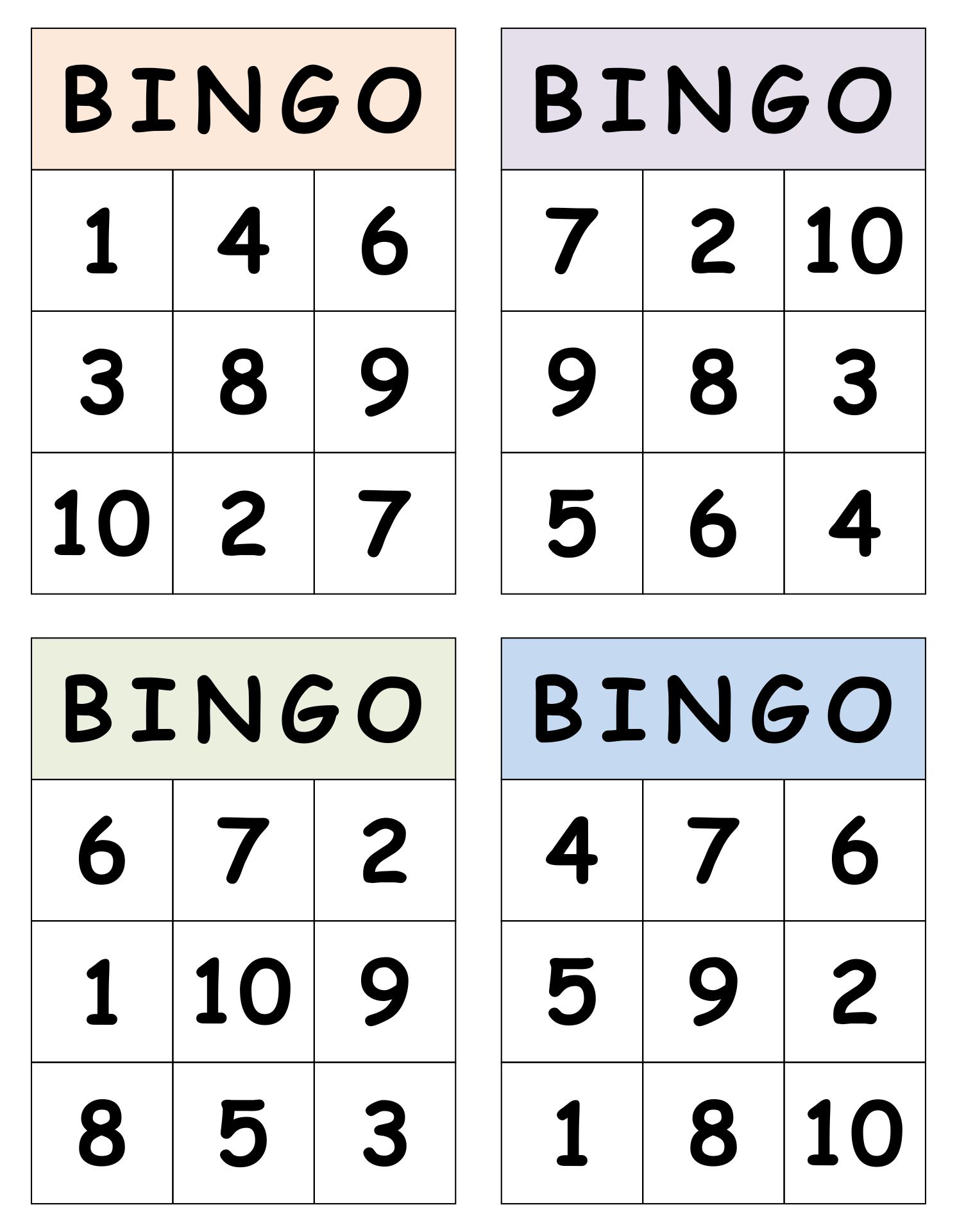Printable Number Bingo Cards 1-10