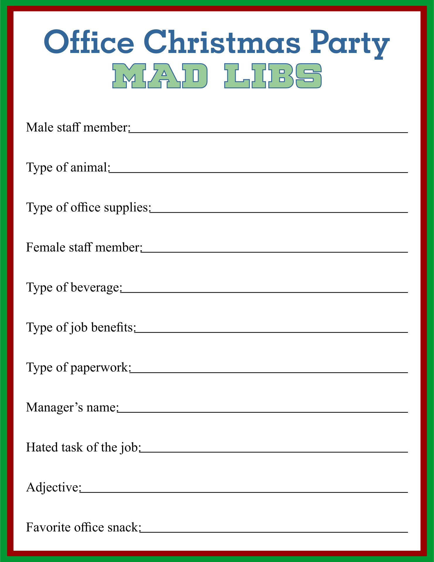 Printable Office Christmas Party Mad Libs