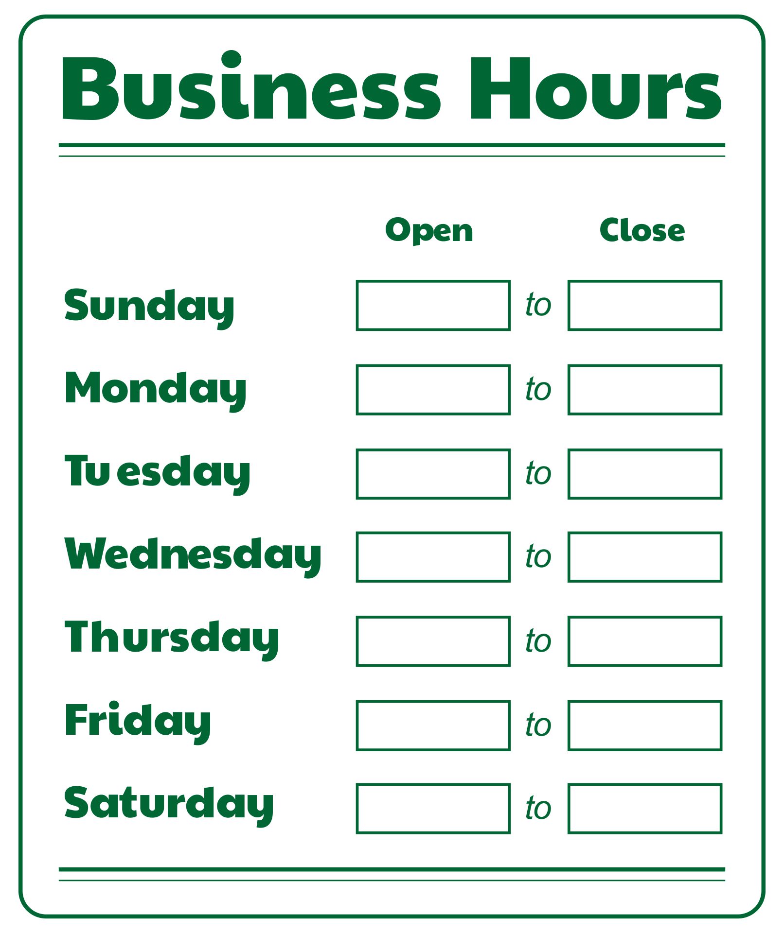 21 Best Free Printable Business Hours Sign Template - printablee.com Inside Hours Of Operation Template Microsoft Word