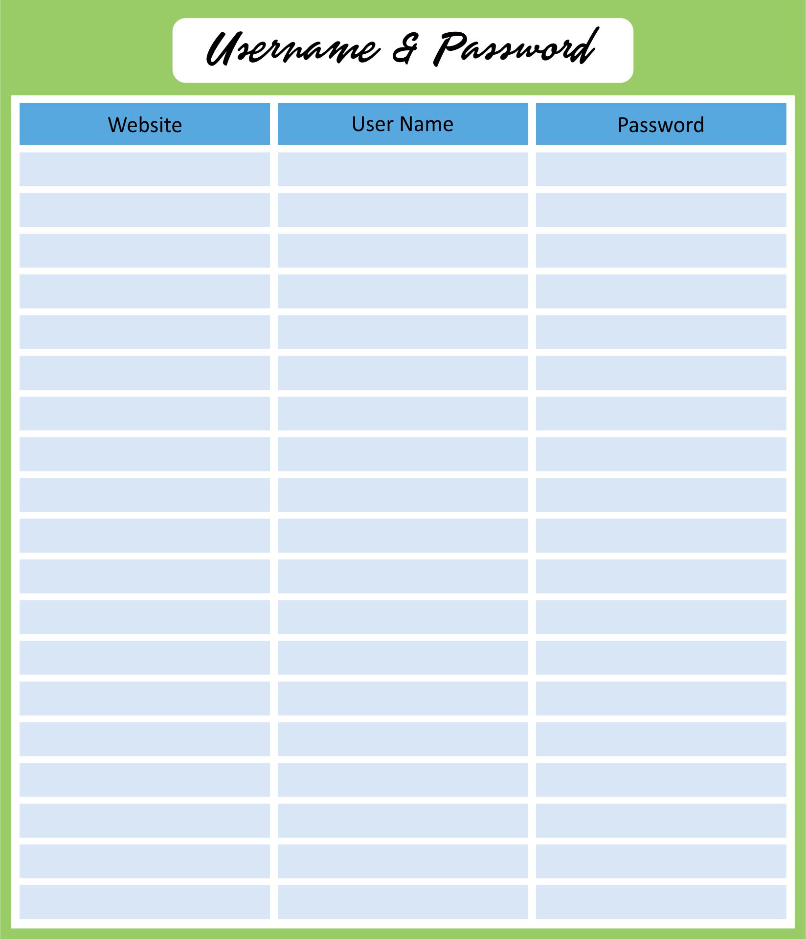 Username And Password Template Pdf
