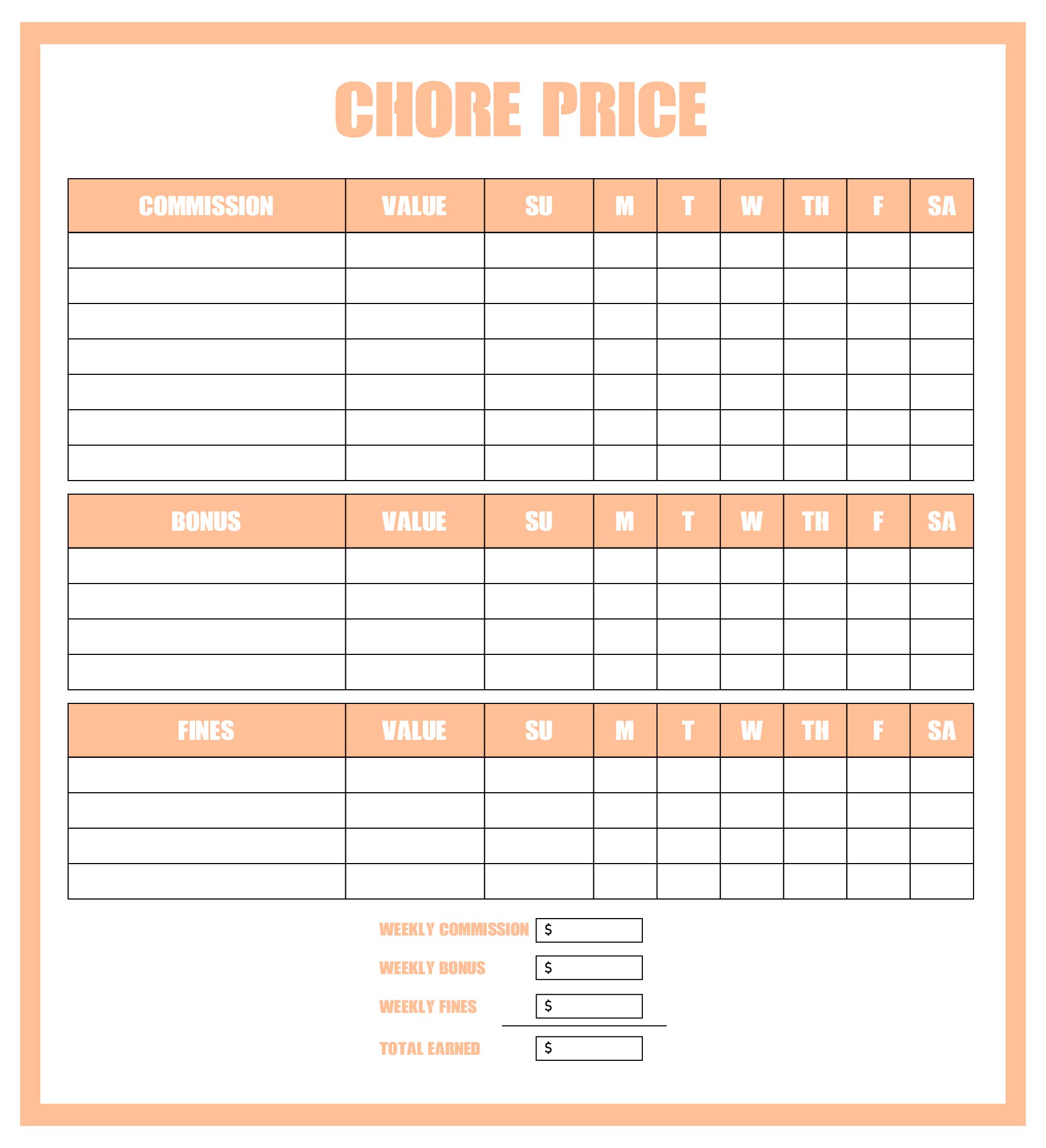 Chore Chart With Money Value