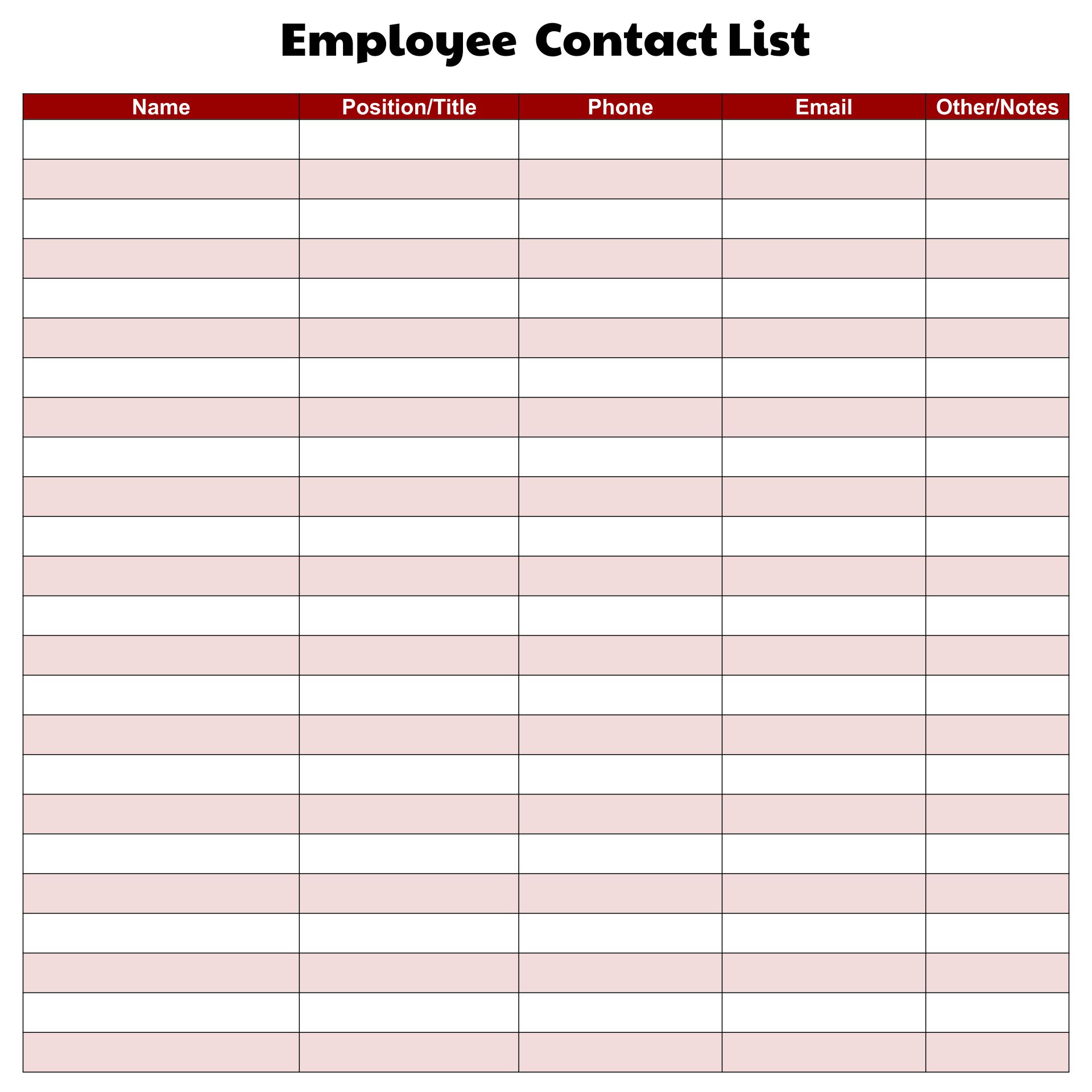 Employee Contact List Template