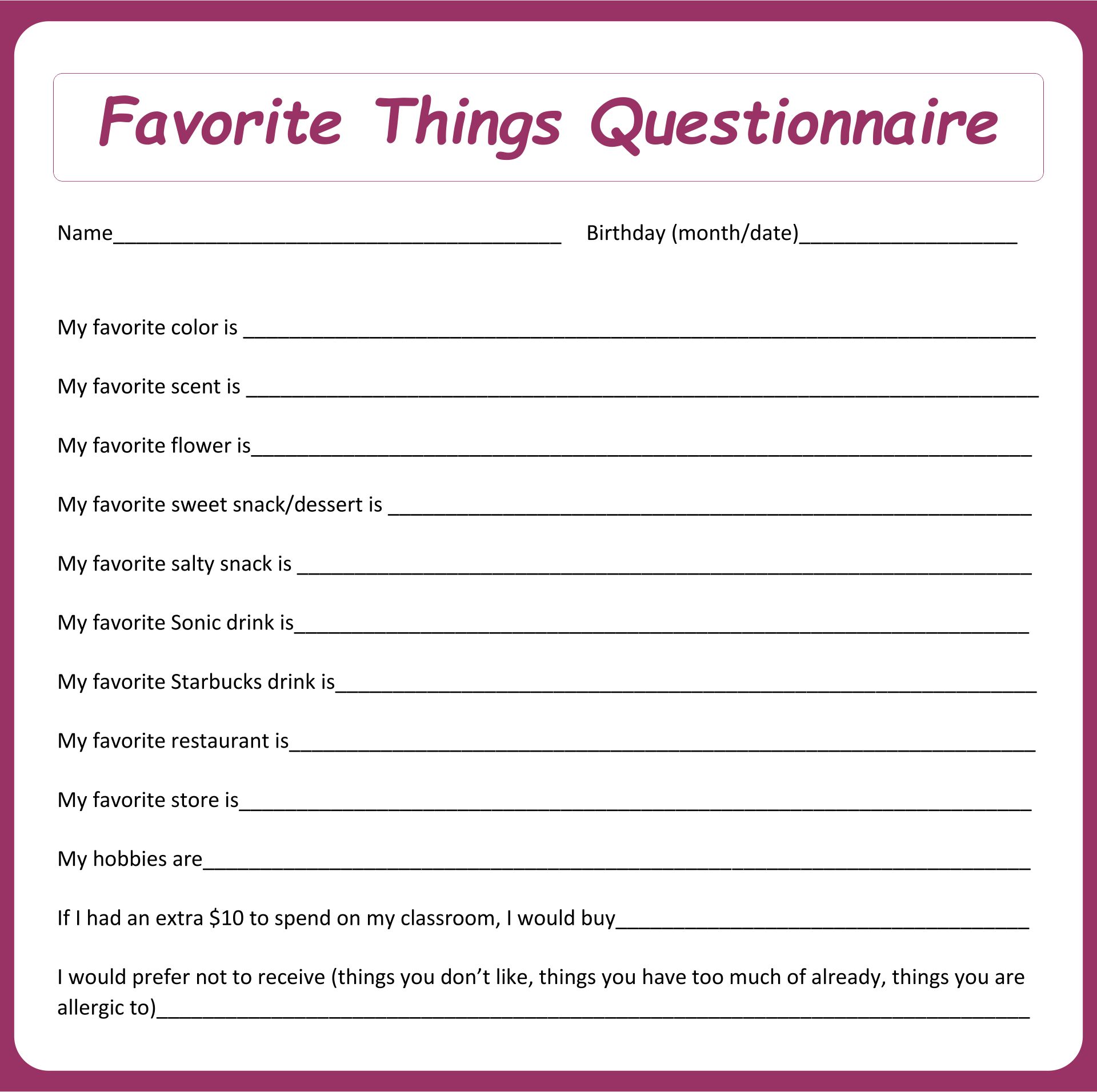 Favorite Things Questionnaire Pdf
