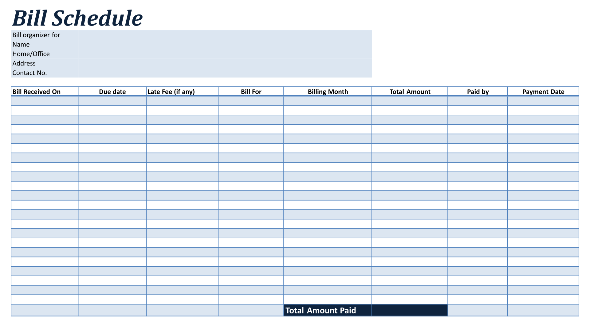 Printable Bill Payment Schedule Template Excel