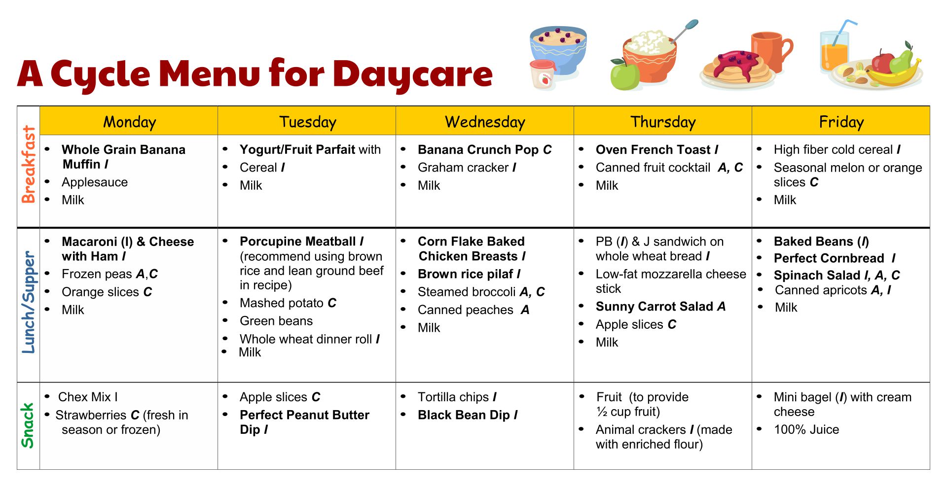 Printable Daycare Menus Breakfast Lunch And Snack Ideas