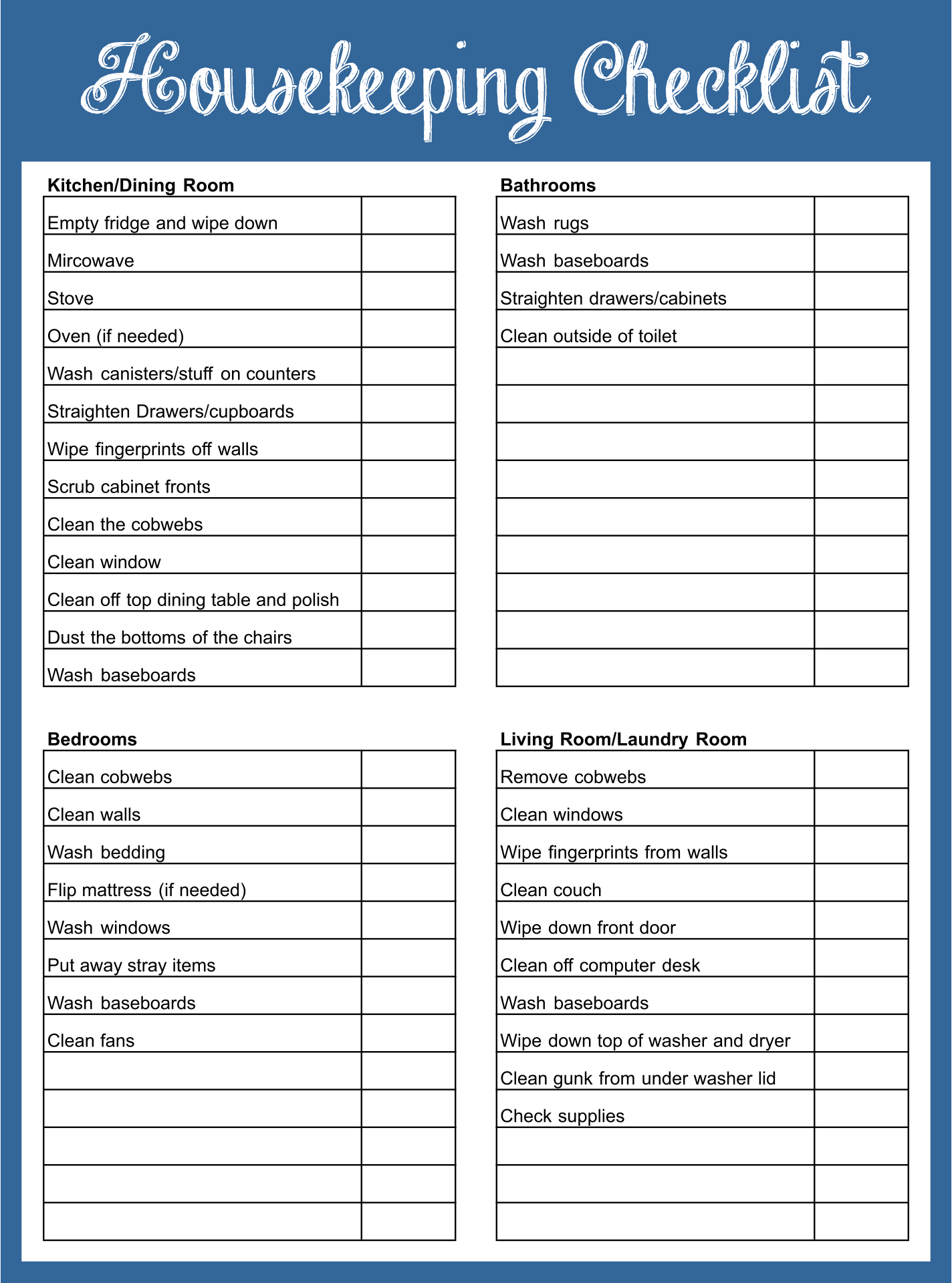 Printable Housekeeping Checklist Template