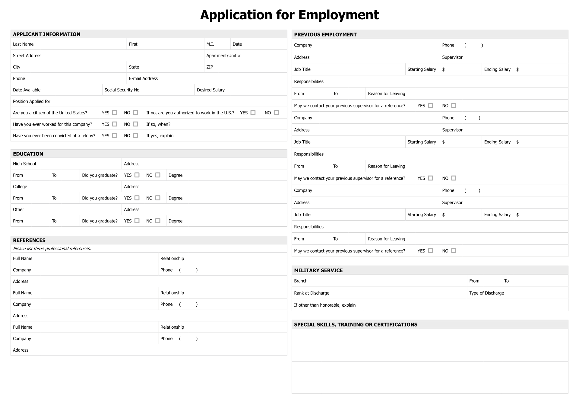 Printable Template Of Application For Employment