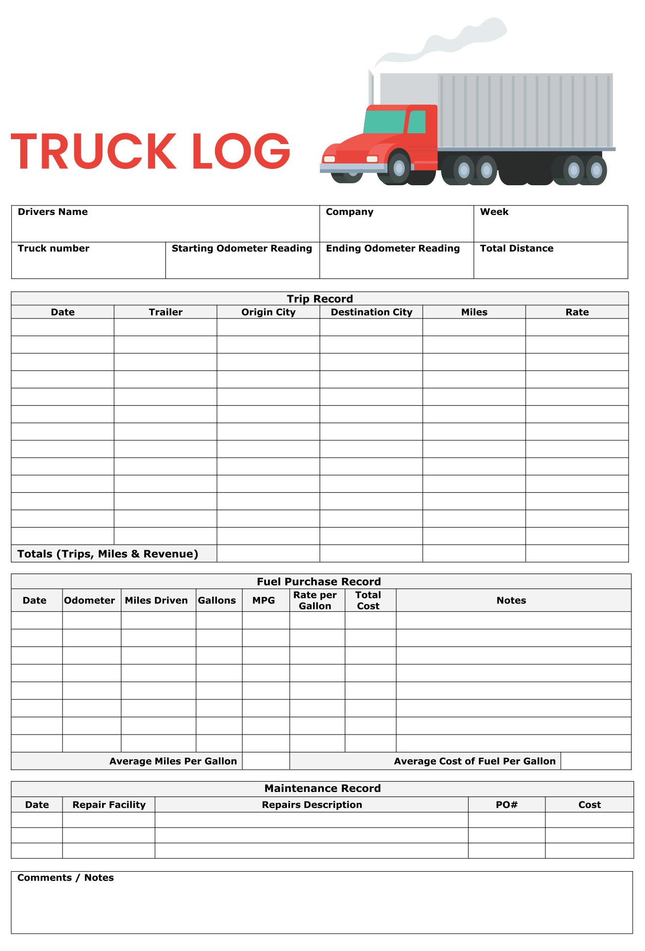 Printable Truck Drivers Trip Sheet Template Excel