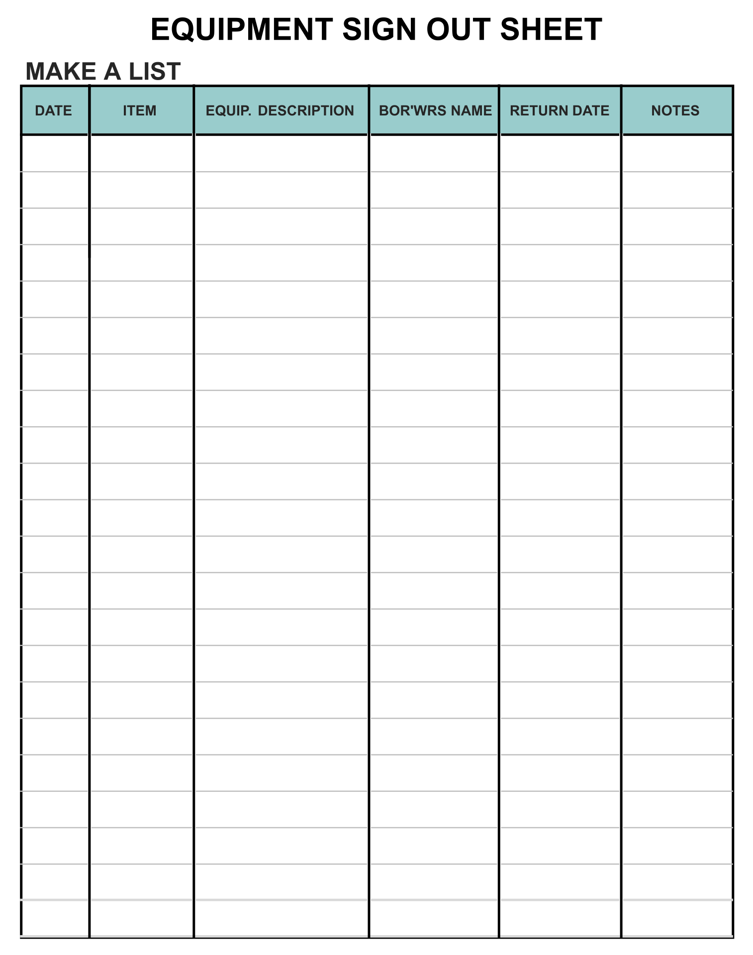 Sign Out Sheet Template For Equipment Printable
