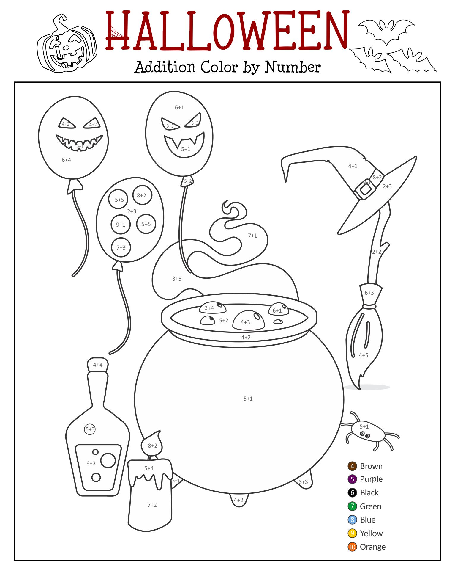 Color By Number Addition Halloween Worksheets