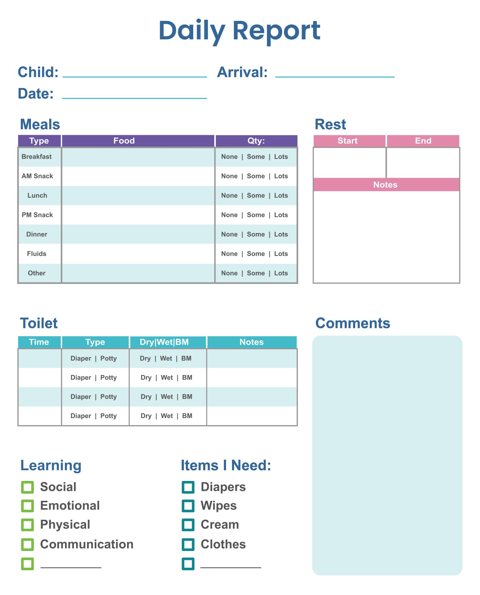 Daycare Daily Sheets For Toddlers