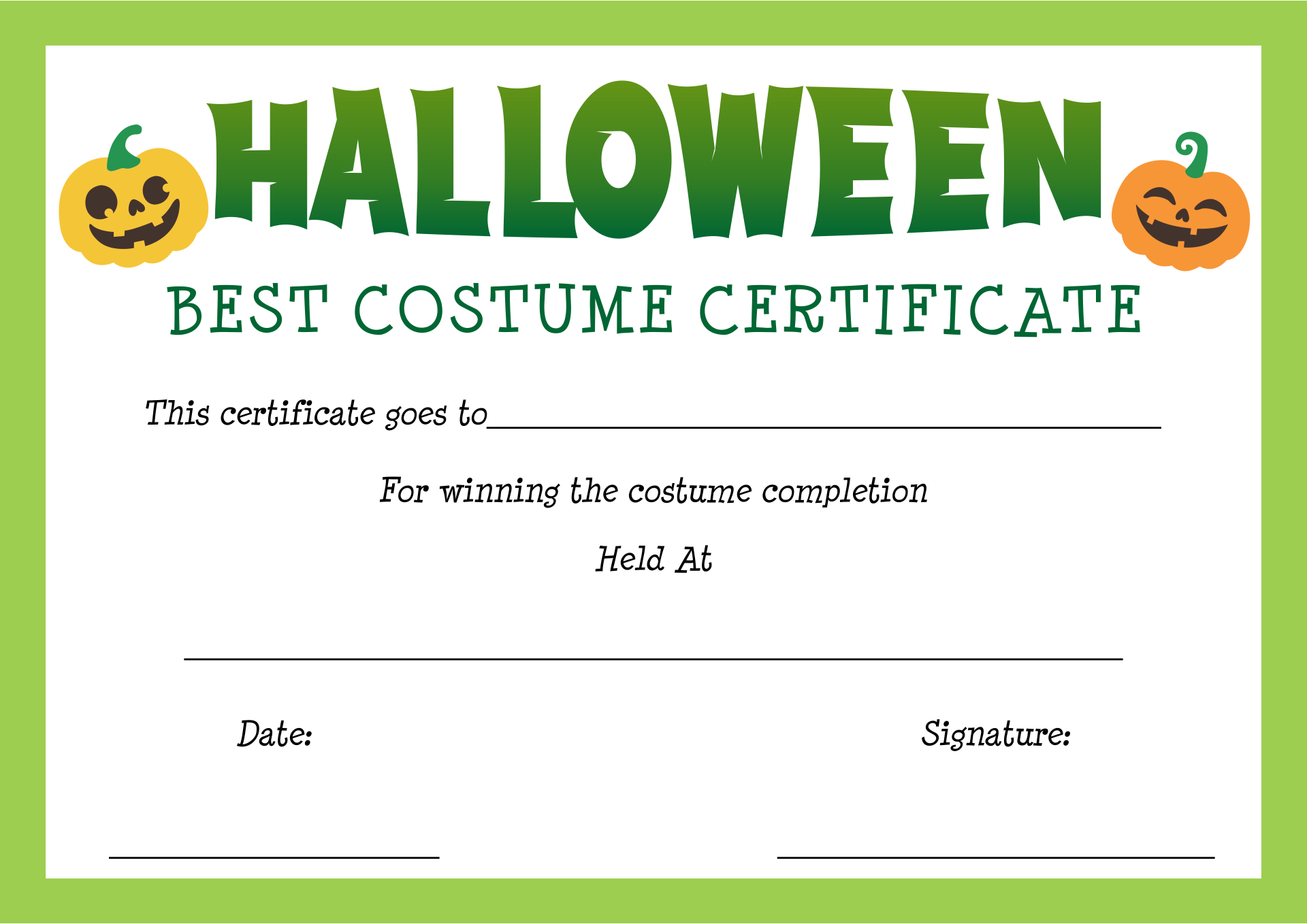 Best Costume Certificate Printable Free - High Resolution Printable Pertaining To Halloween Costume Certificate Template