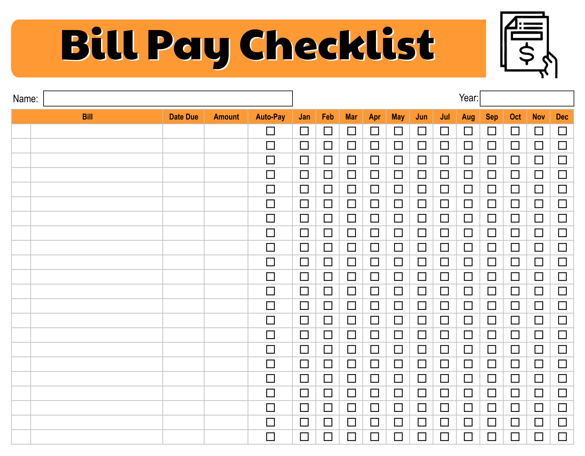 Monthly Bills Checklist Template