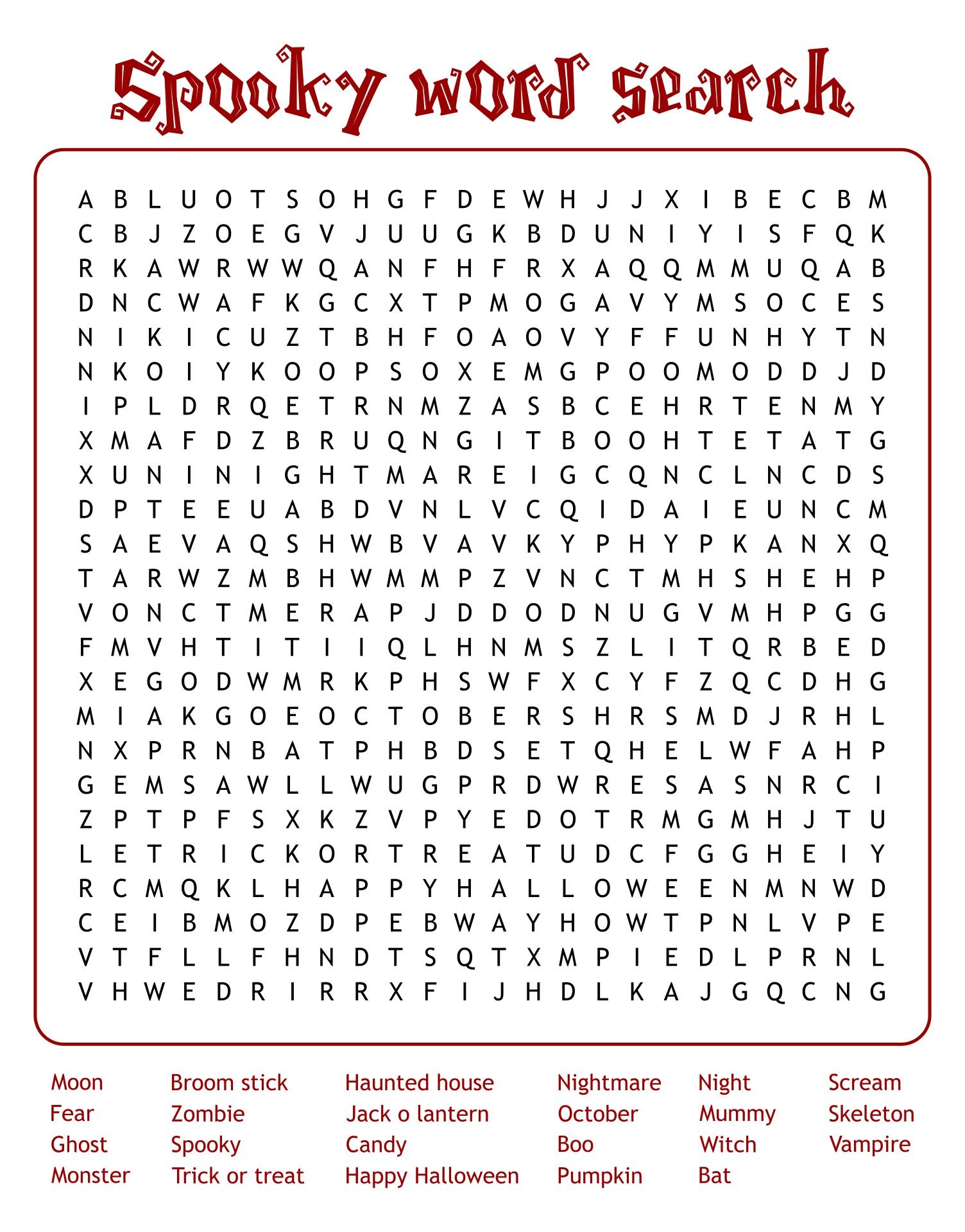 Word Search For Kids Halloween