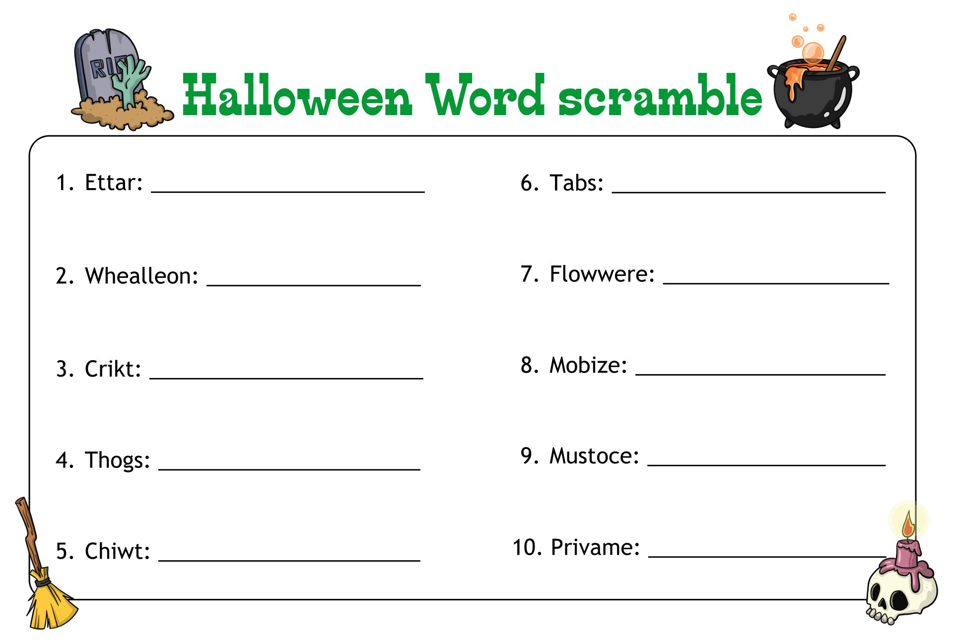 Free Halloween Word Scramble Worksheet