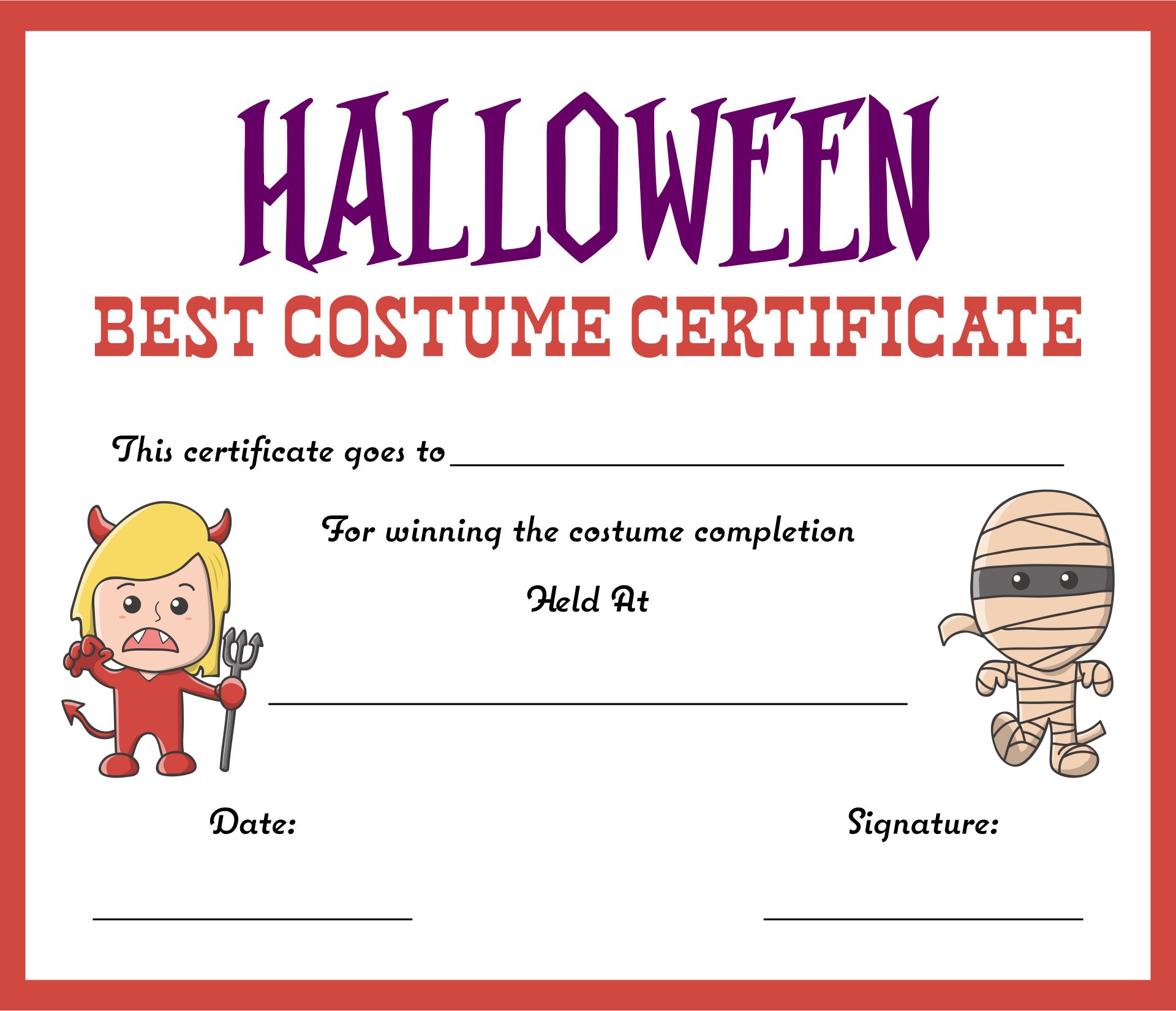Halloween Certificates Best Costumes Printable
