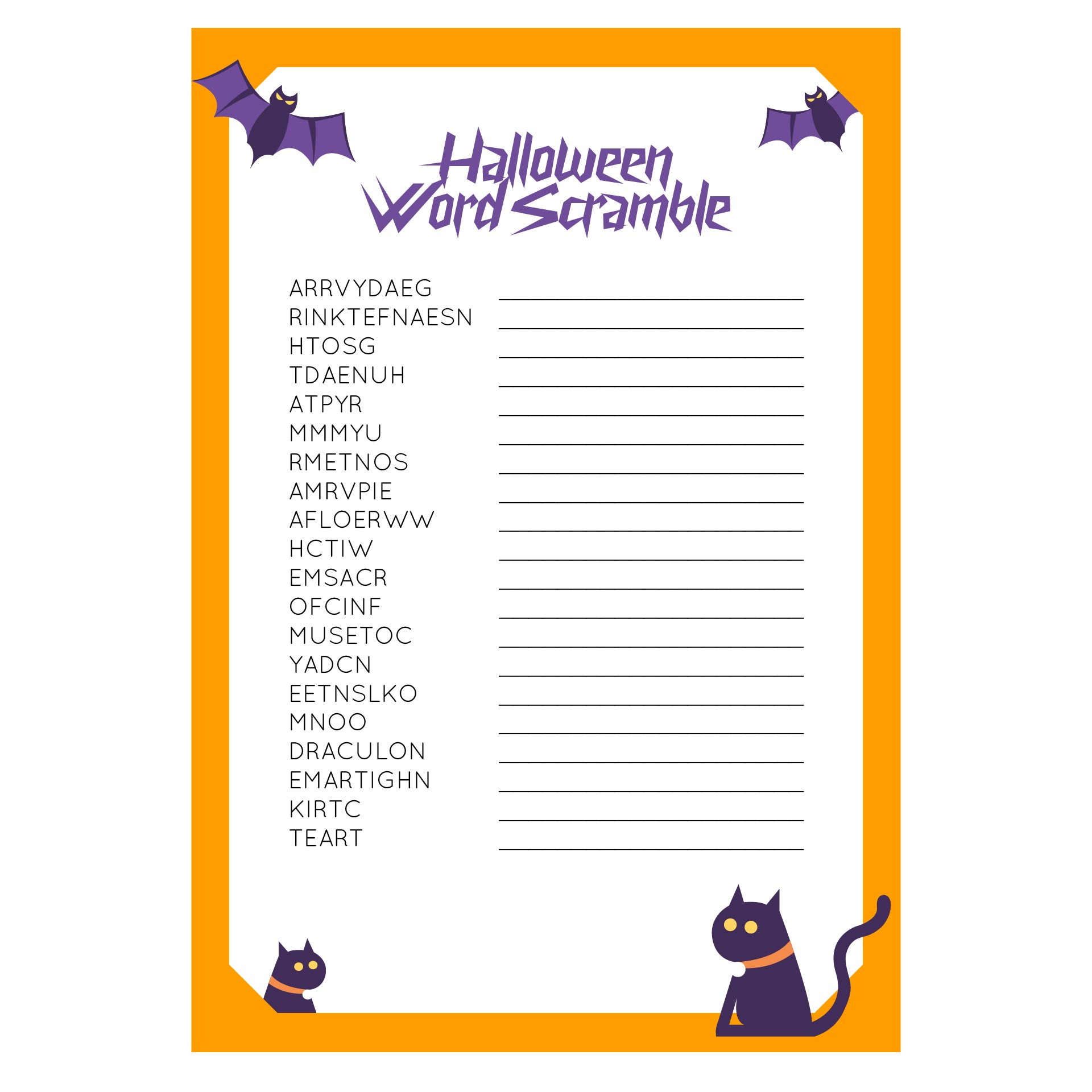 Halloween Word Scramble Game With Cats And Bats Graphics