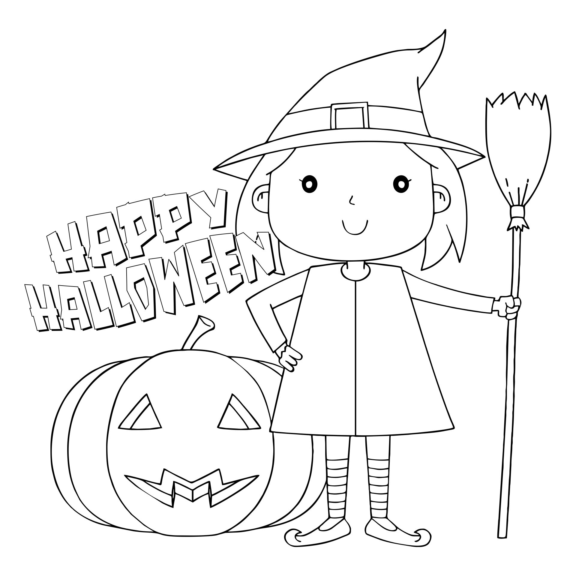 Happy Halloween And Pretty Witch Coloring Page For Kids