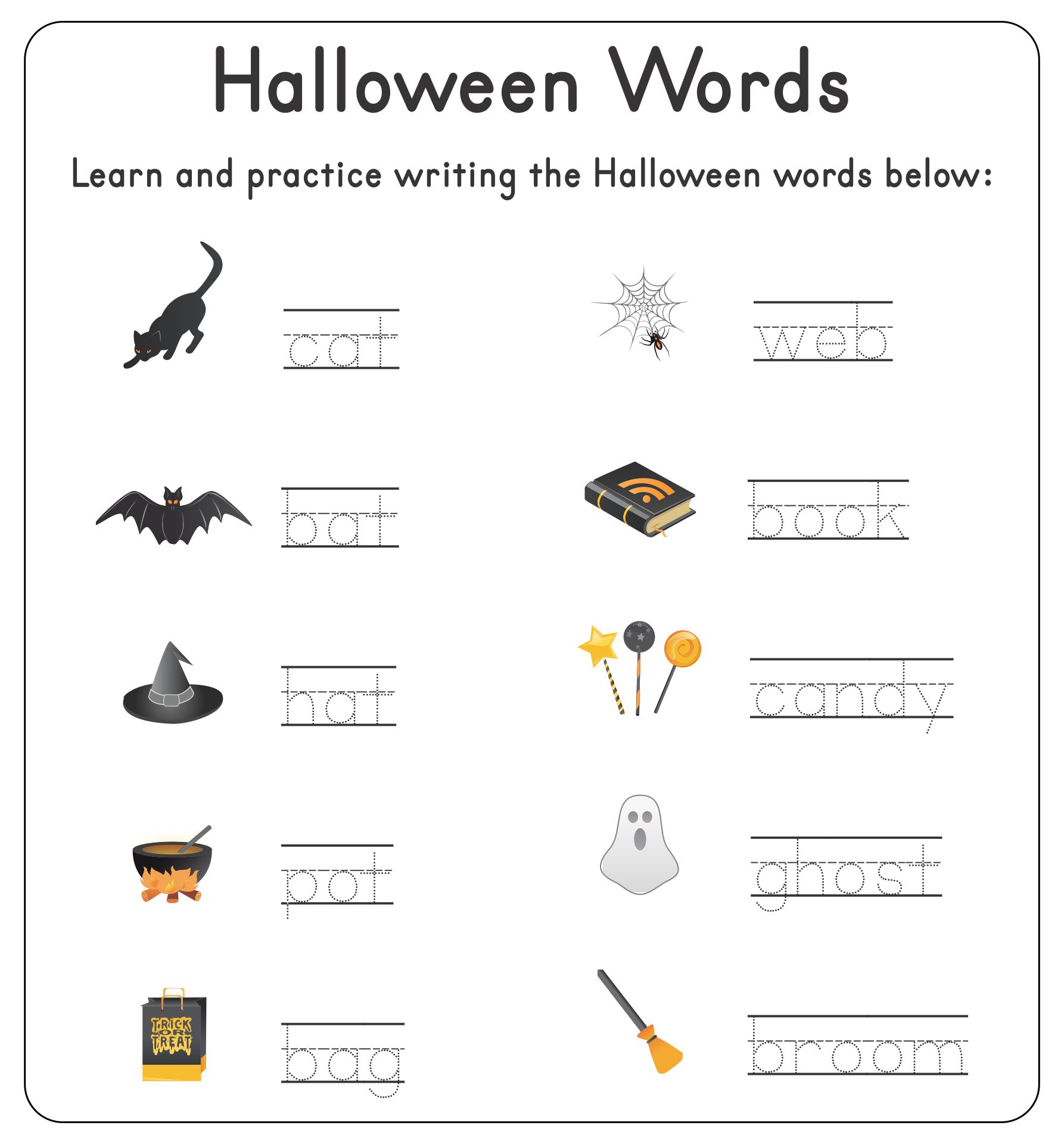 Printable Halloween Words Handwriting And Tracing Worksheet