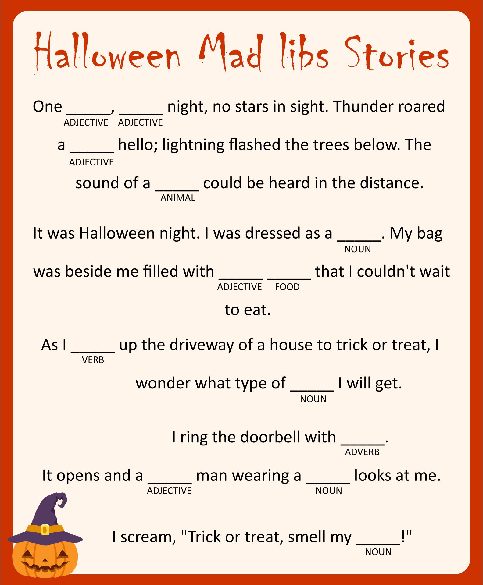 Scary Fun Halloween Mad Libs Party Game For Adults & Teens Printable