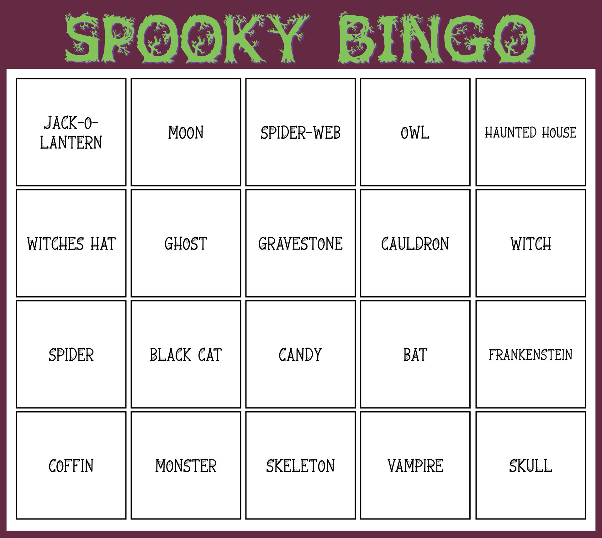 Spooky Halloween Bingo Game Cards Halloween Bingo Words