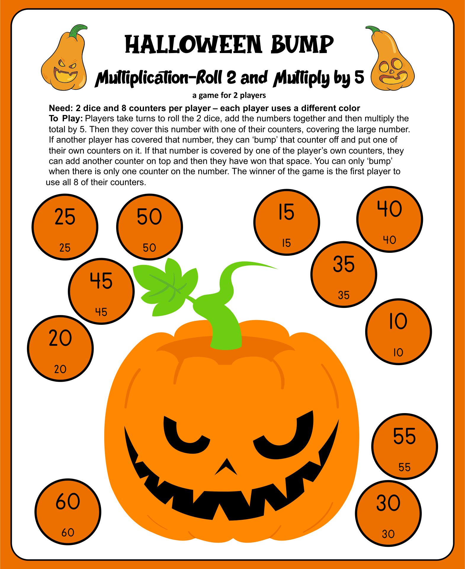 Free Halloween Math Activities: Bump Games - Add, Subtract, Multiply, Divide