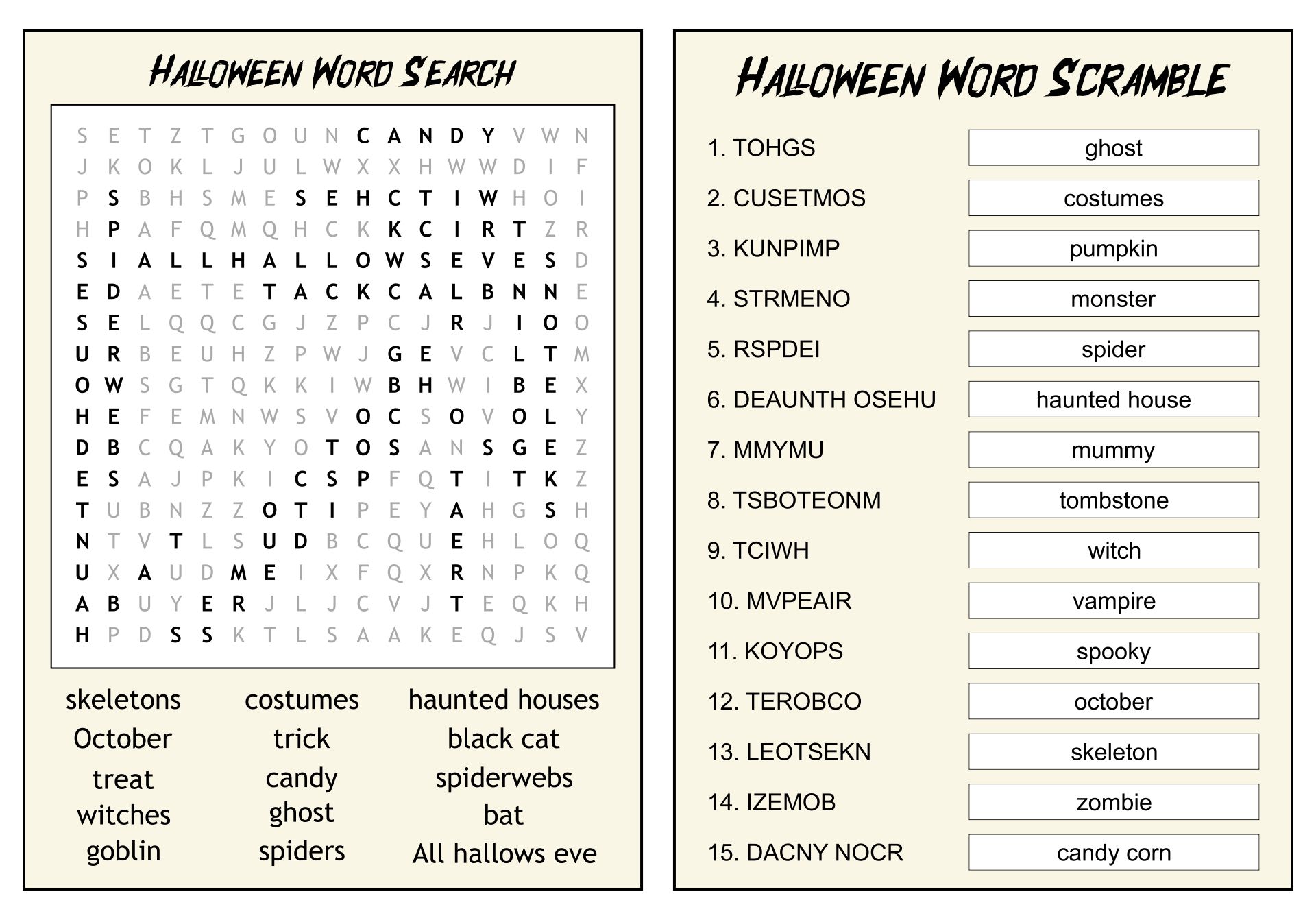 Free Printable Halloween Word Search & Halloween Word Scamble With Anwswer  Key