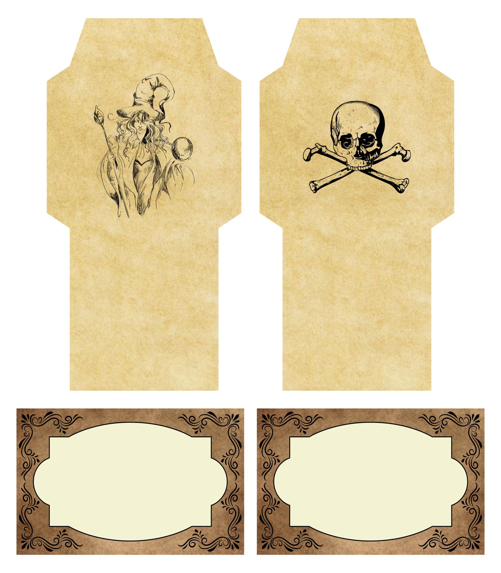 Halloween Envelopes And Blank Labels Witch Skull Cross Bones