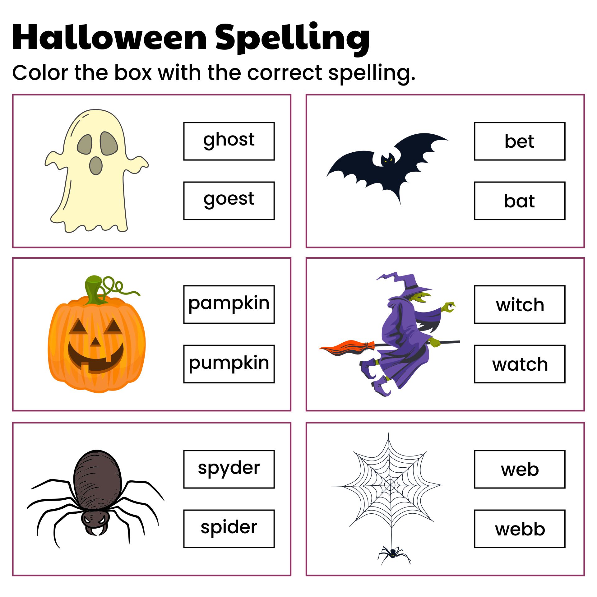 Kindergarten Halloween Spelling Worksheet Printable