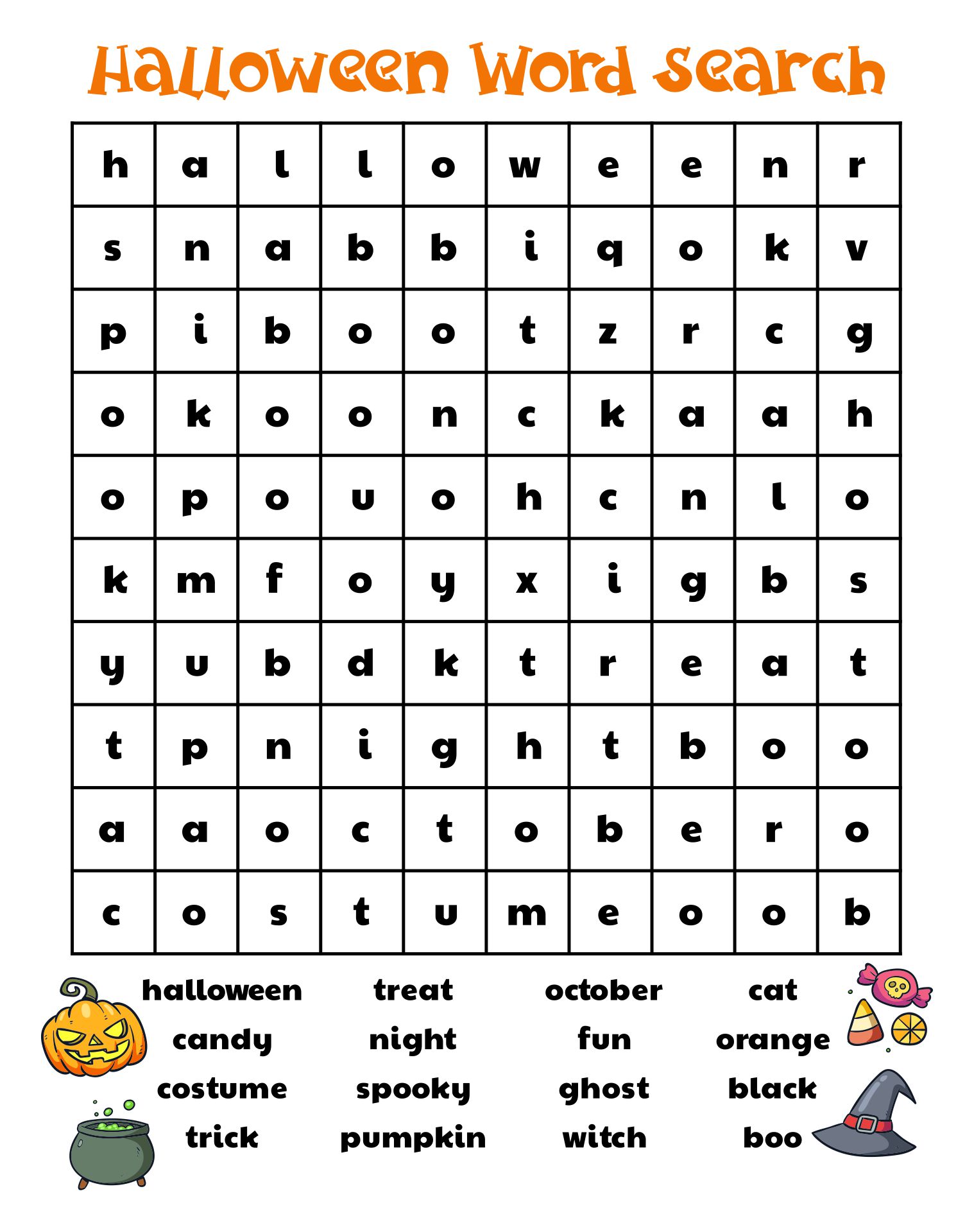 Kindergarten Halloween Word Search Printable