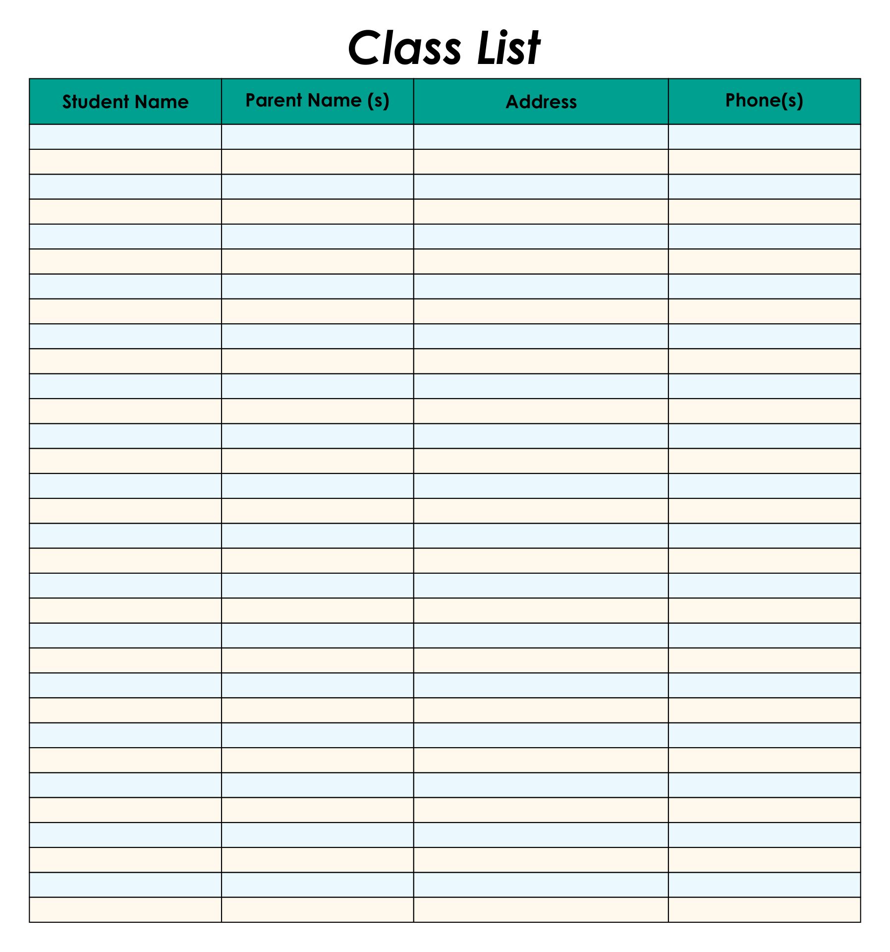 Blank Class List Table Printable