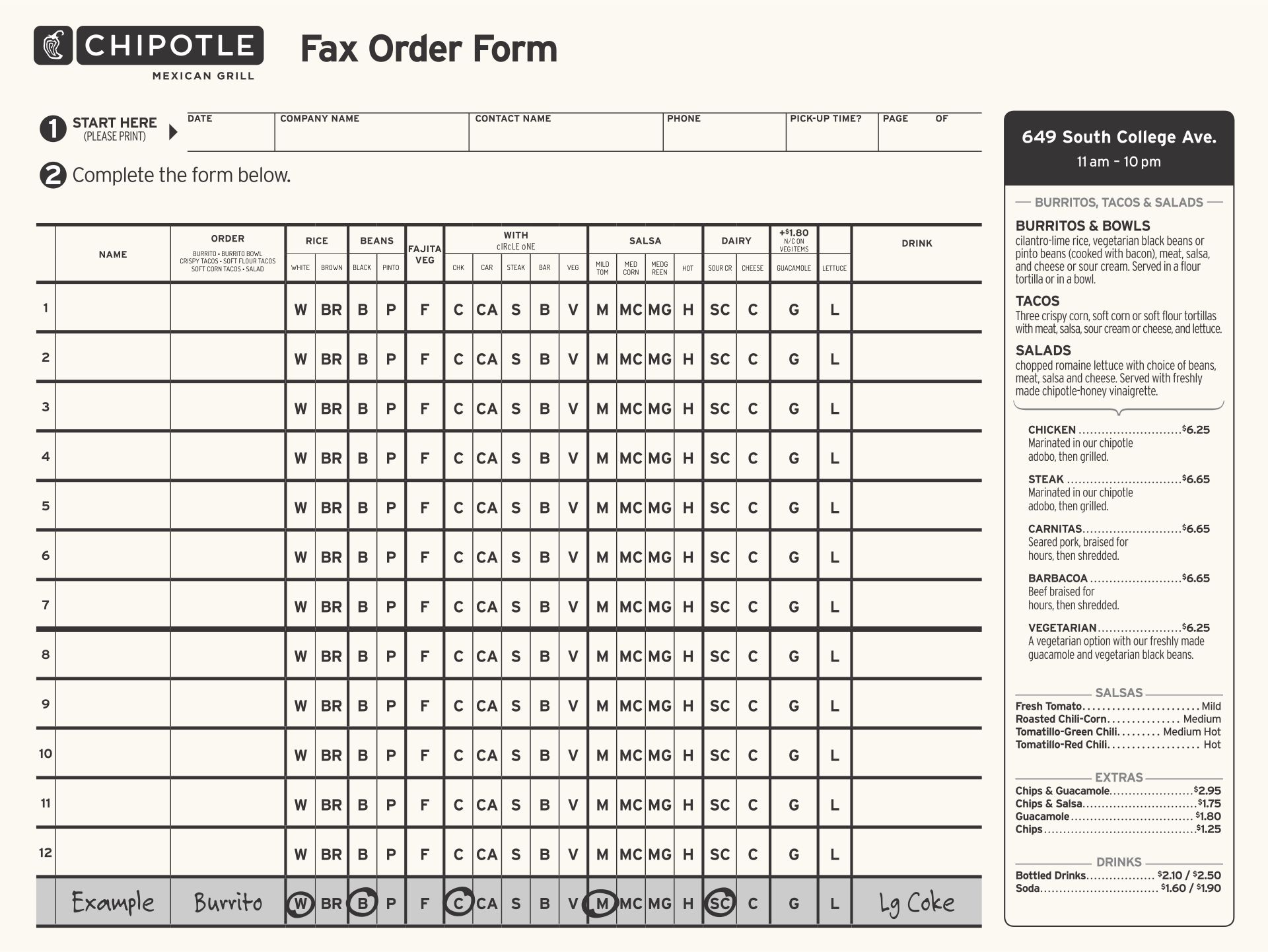Chipotle Printable Menu Order Form